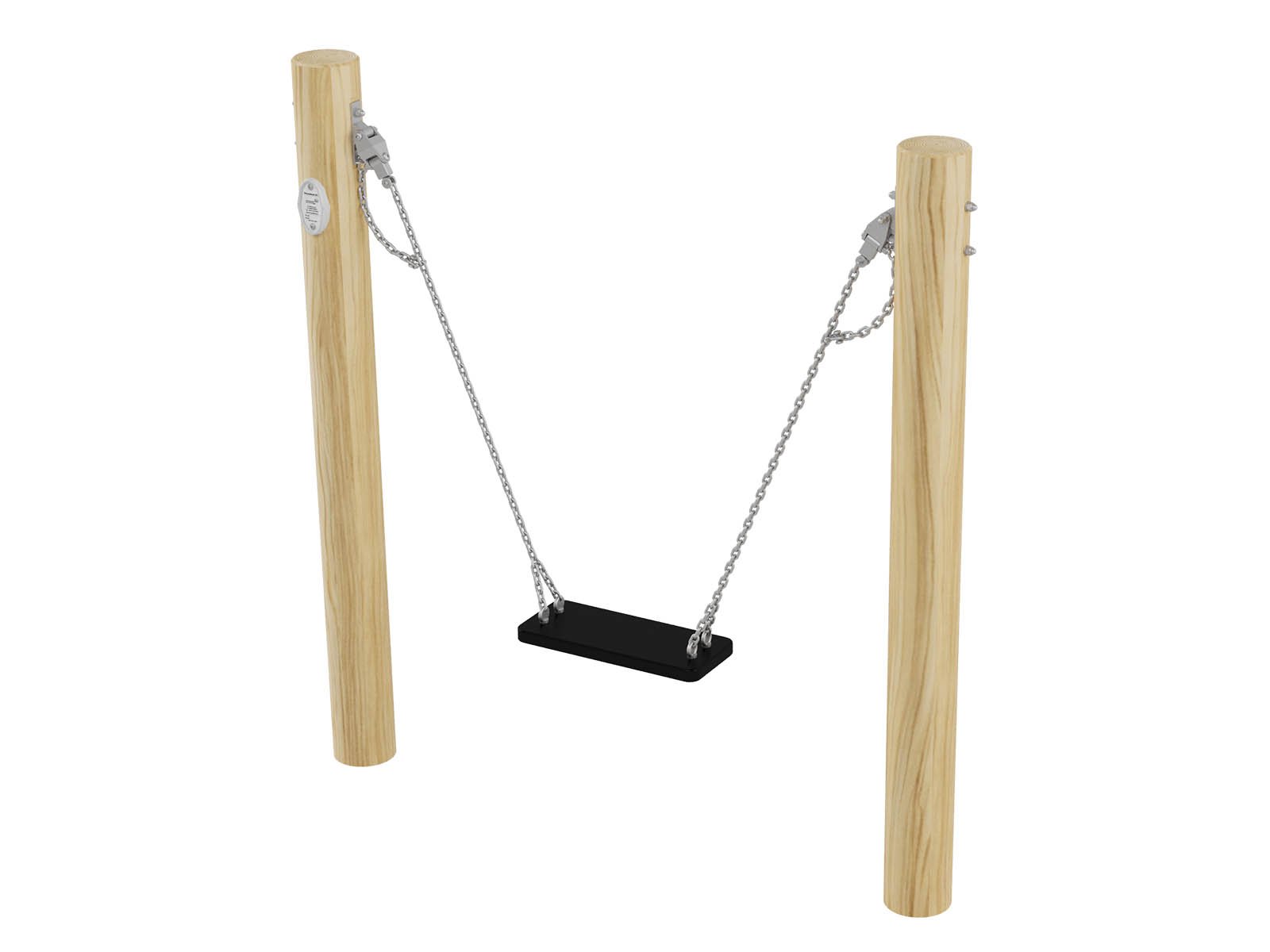 Single playground swing with straight seat, combining stainless steel posts and acacia wood, designed for children aged 3–14 in public outdoor play areas.