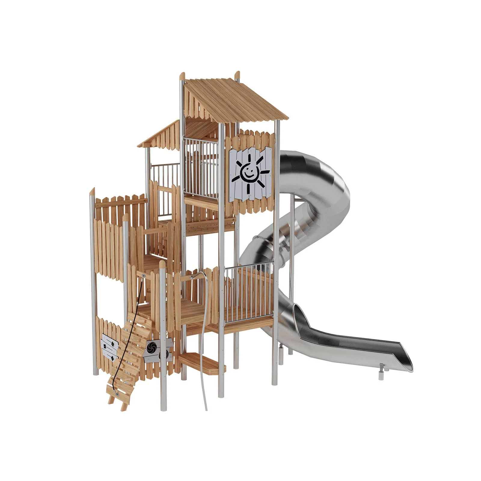 Large multi-level playground tower made of robinia acacia wood and stainless steel, designed for children aged 3–14 for active group play in public playgrounds.