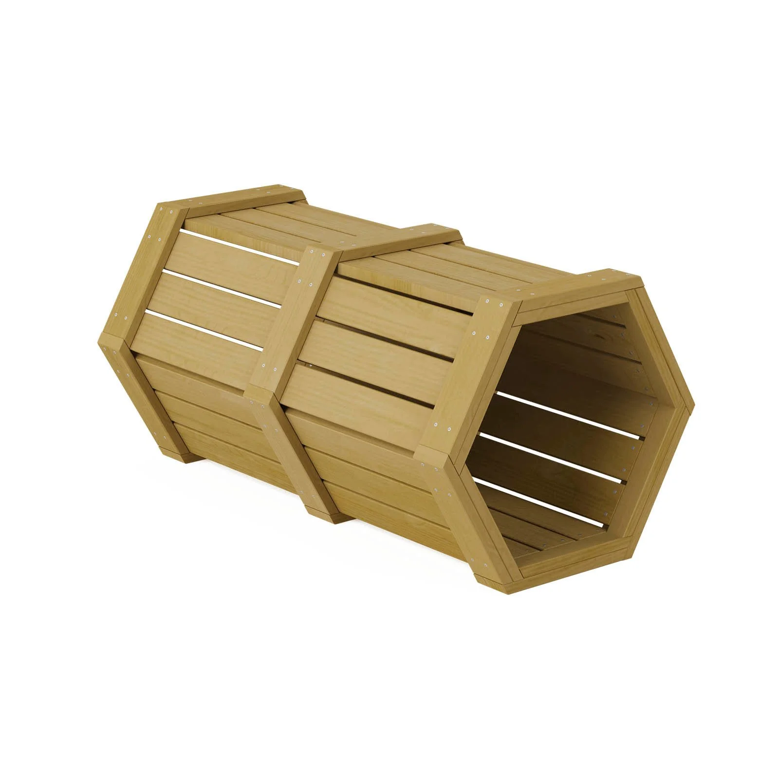 Natural wooden crawl tunnel made of impregnated pine wood, designed for children aged 1–7 to support motor development and coordination outdoors.