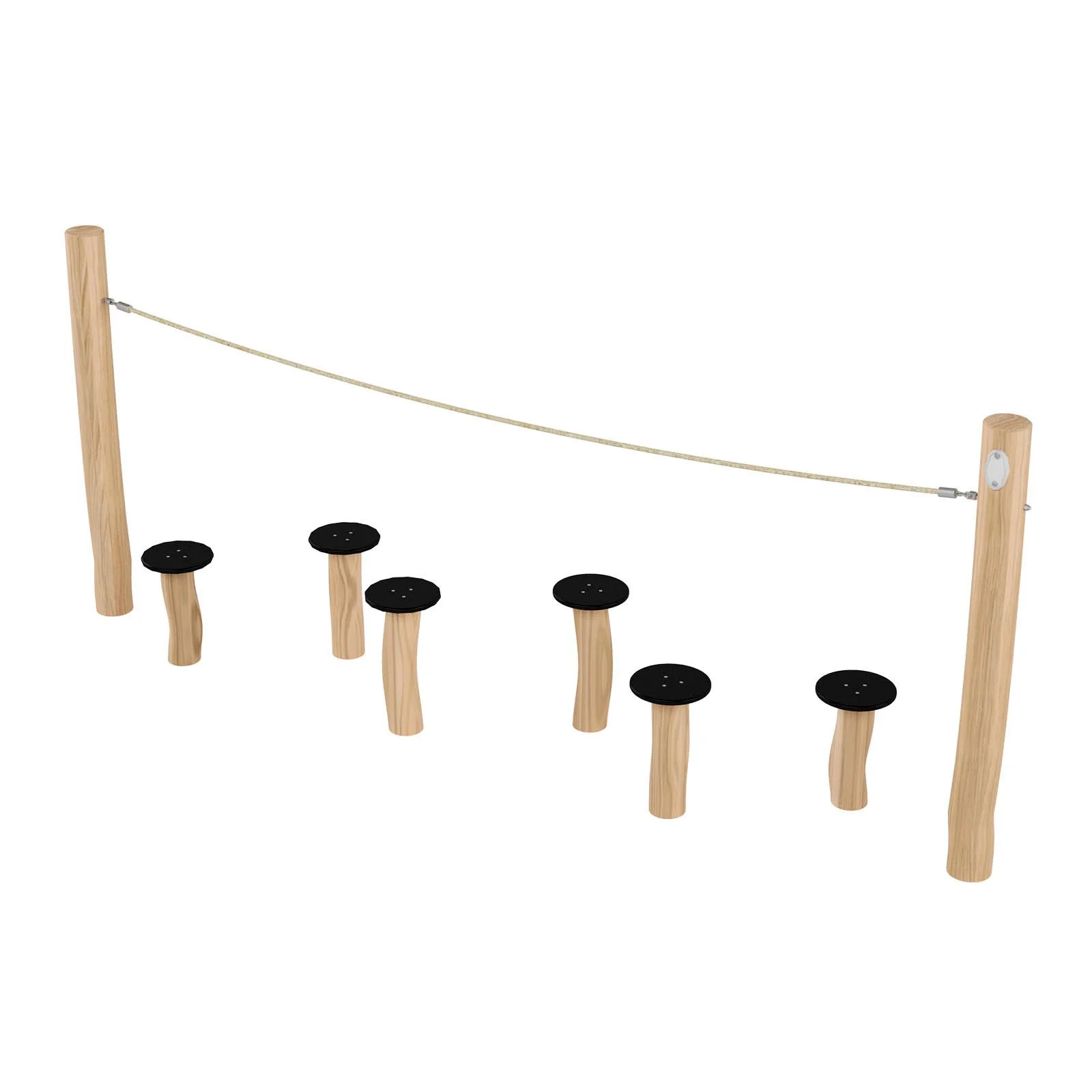 Robinio Stepping Mushrooms balance playground element for public spaces, ages 3–14, supports coordination and motor skills, low fall height, EN 1176 compliant.