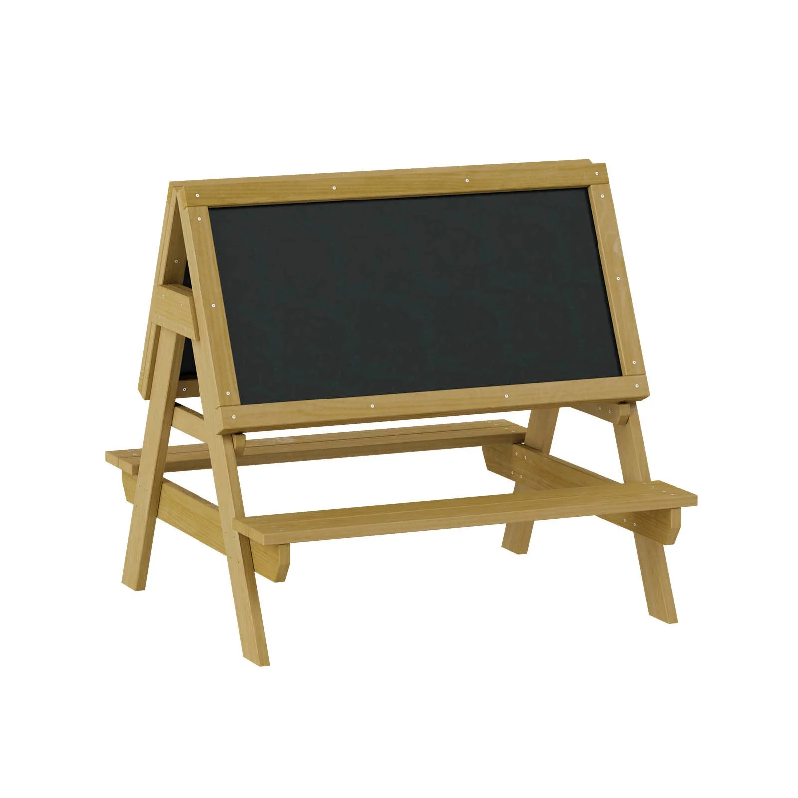 Natural wooden drawing board with integrated seats, made of impregnated pine wood for children aged 1–7 for creative outdoor play and learning.