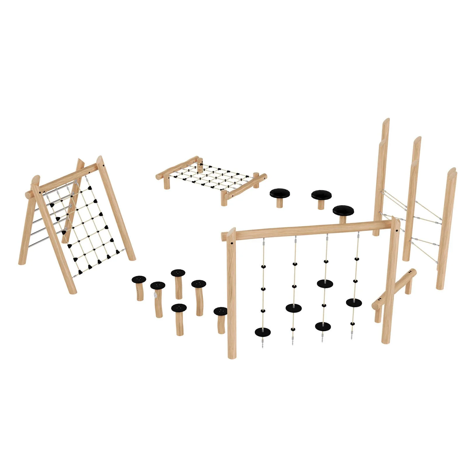 Large Robinio obstacle course for children aged 3–14, designed for public playgrounds, supporting balance, coordination, endurance, and group play, EN 1176 compliant.