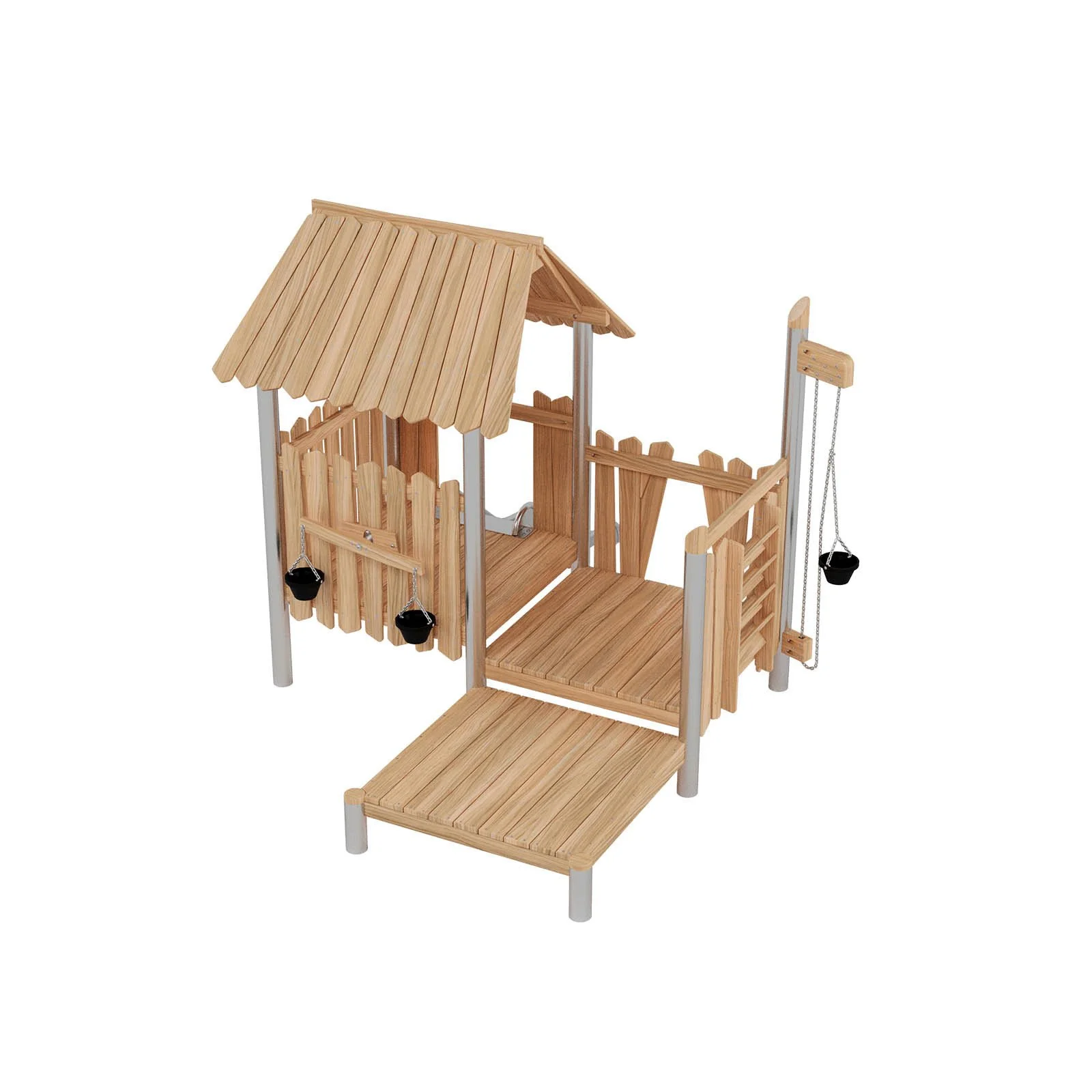 Compact roofed playground set with slide for young children, designed for public outdoor areas and compliant with EN 1176 safety standards.