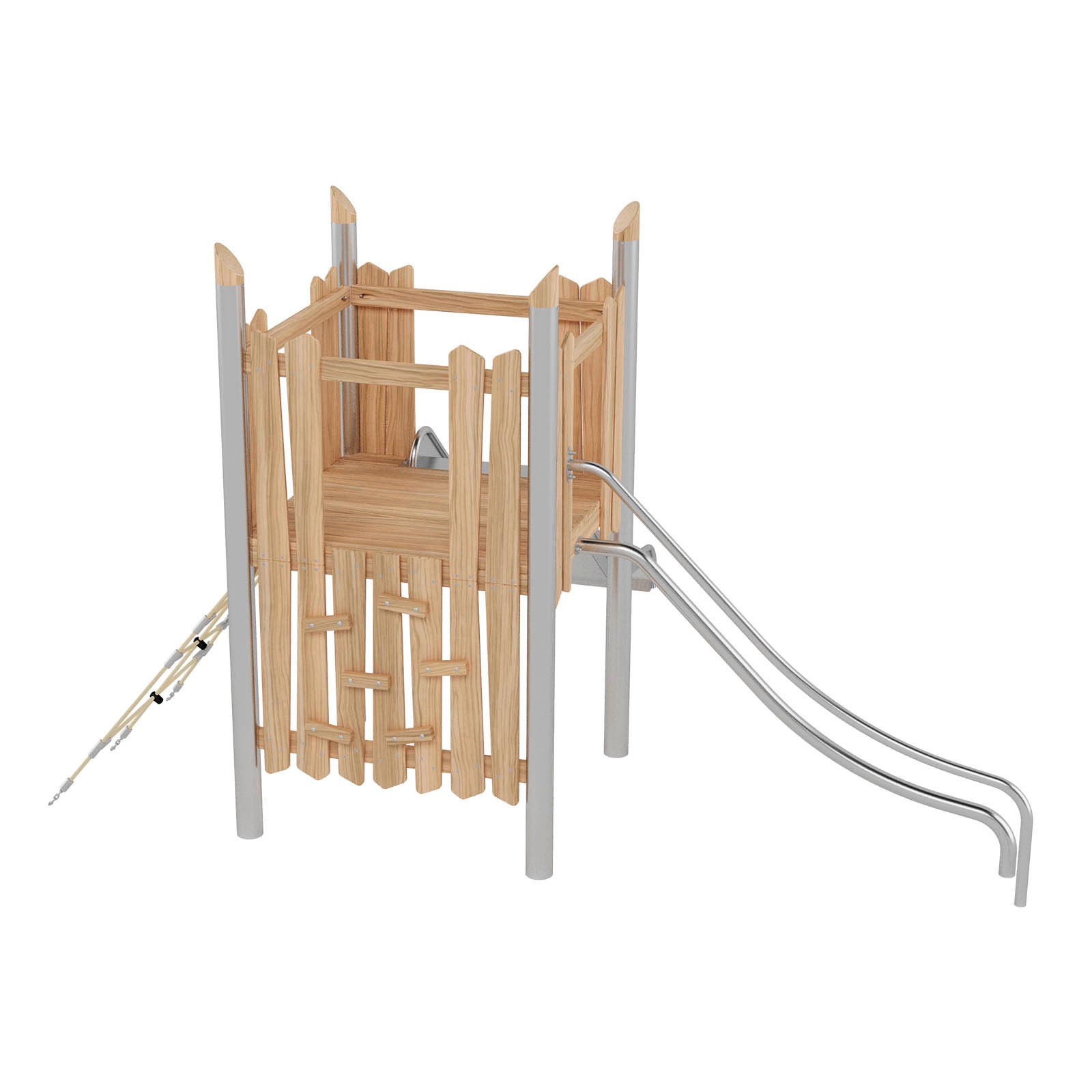 Robinio 103 playground structure for public spaces, ages 3–14, combines climbing routes with stainless steel slides, compact design, durable materials, EN 1176 compliant.