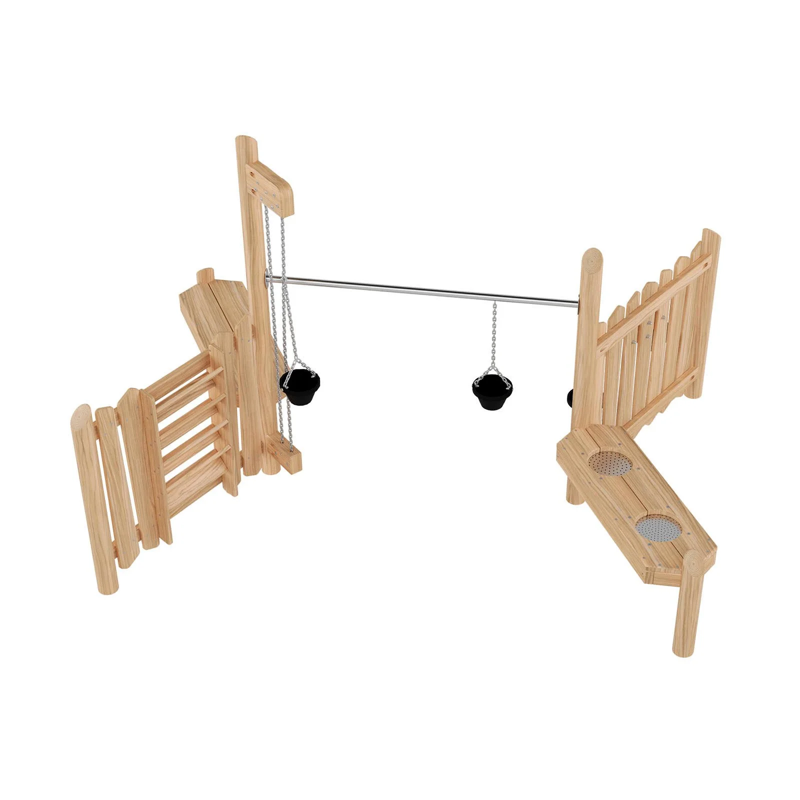Wooden sand play structure made of robinia acacia wood with buckets and funnels, designed for children aged 3–14 for creative group play in public playgrounds.