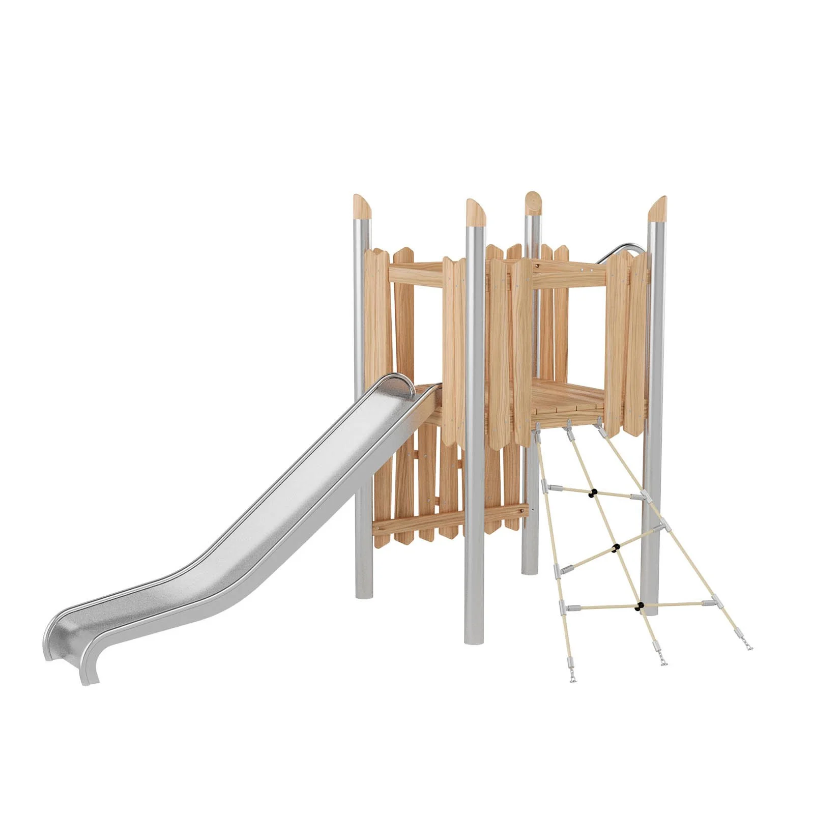 Robinio 102 playground structure for public spaces, ages 3–14, combines climbing routes and stainless steel slide, compact design, durable materials, EN 1176 compliant.