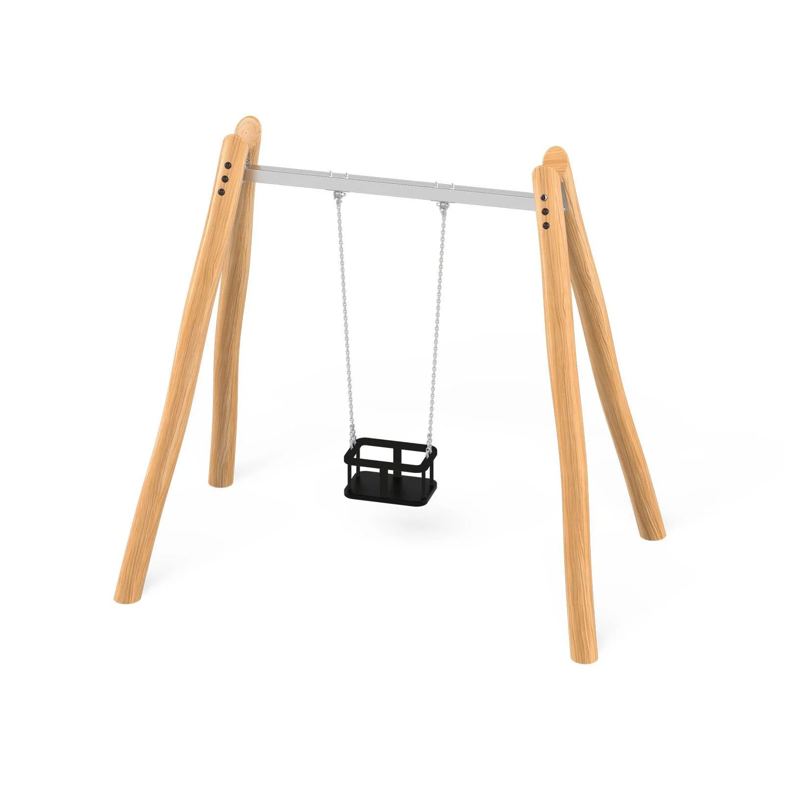 Single playground swing made of robinia acacia wood and stainless steel, designed for children aged 3–14 for public outdoor playground use.