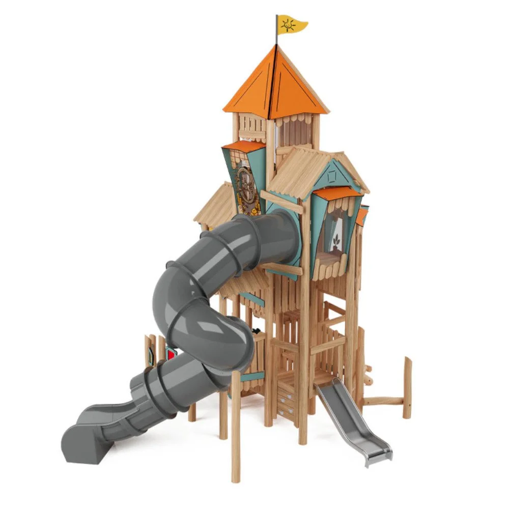 Wooden Robinio Town Hall playground tower with spiral tube slide and multi-level platforms