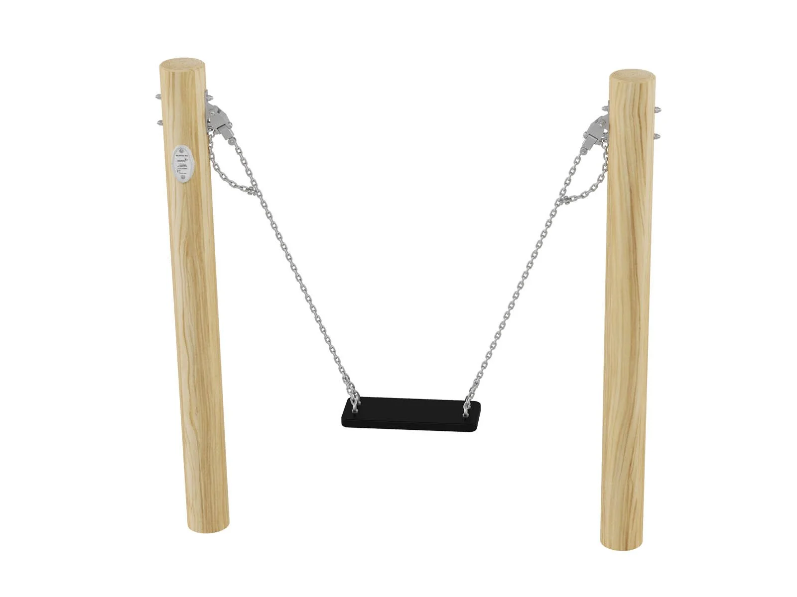 Single playground swing with straight seat, combining stainless steel posts and acacia wood, designed for children aged 3–14 in public outdoor play areas.
