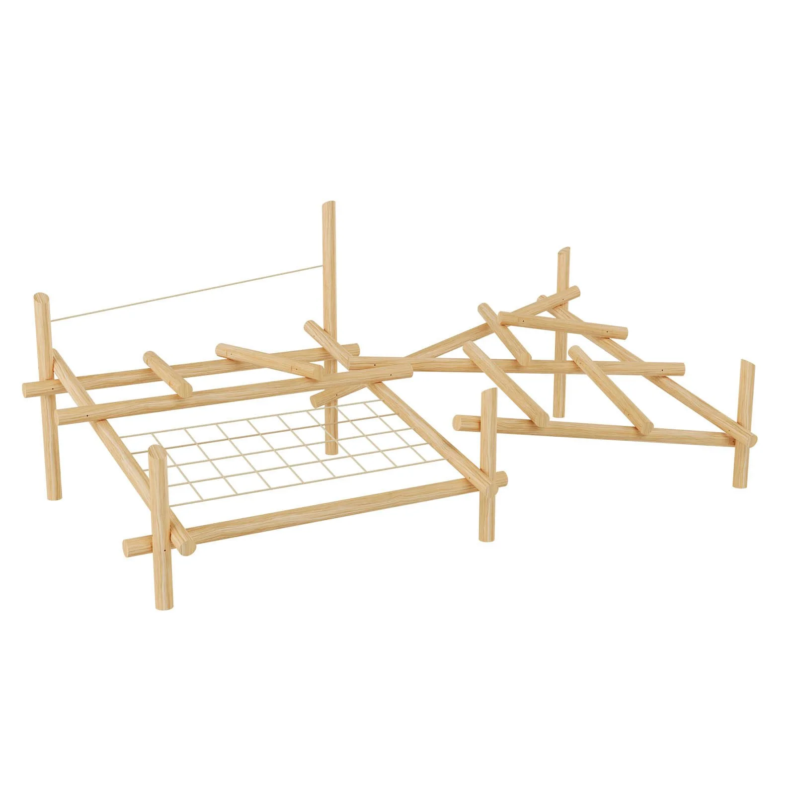 Large wooden playground climbing structure made of robinia acacia wood and steel-core ropes, designed for children aged 3–14 in public playgrounds.