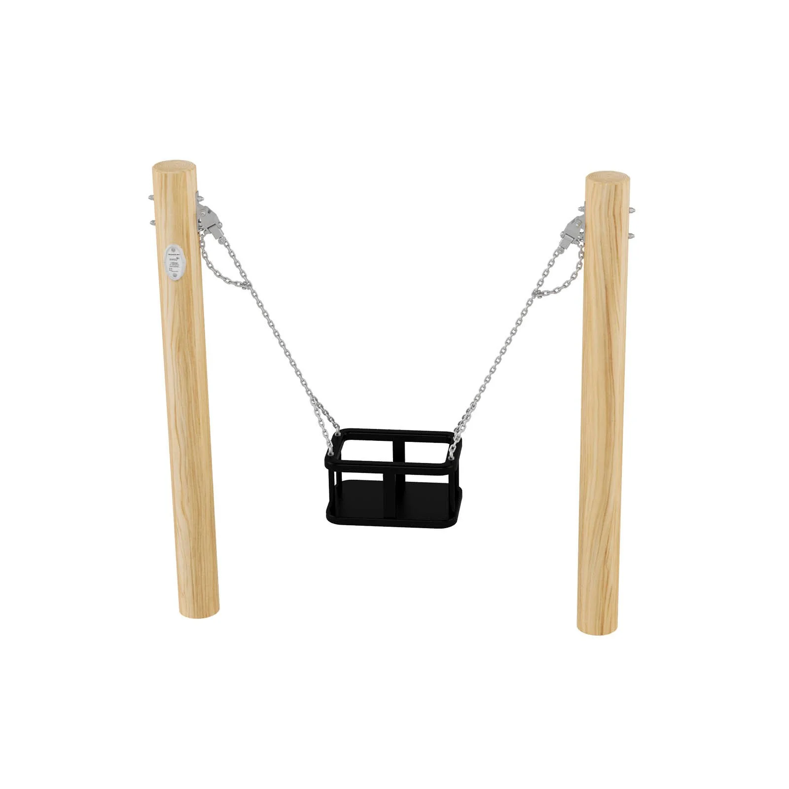 Single playground basket swing made of robinia acacia wood and stainless steel, designed for children aged 1–6 for safe swinging in public playgrounds.