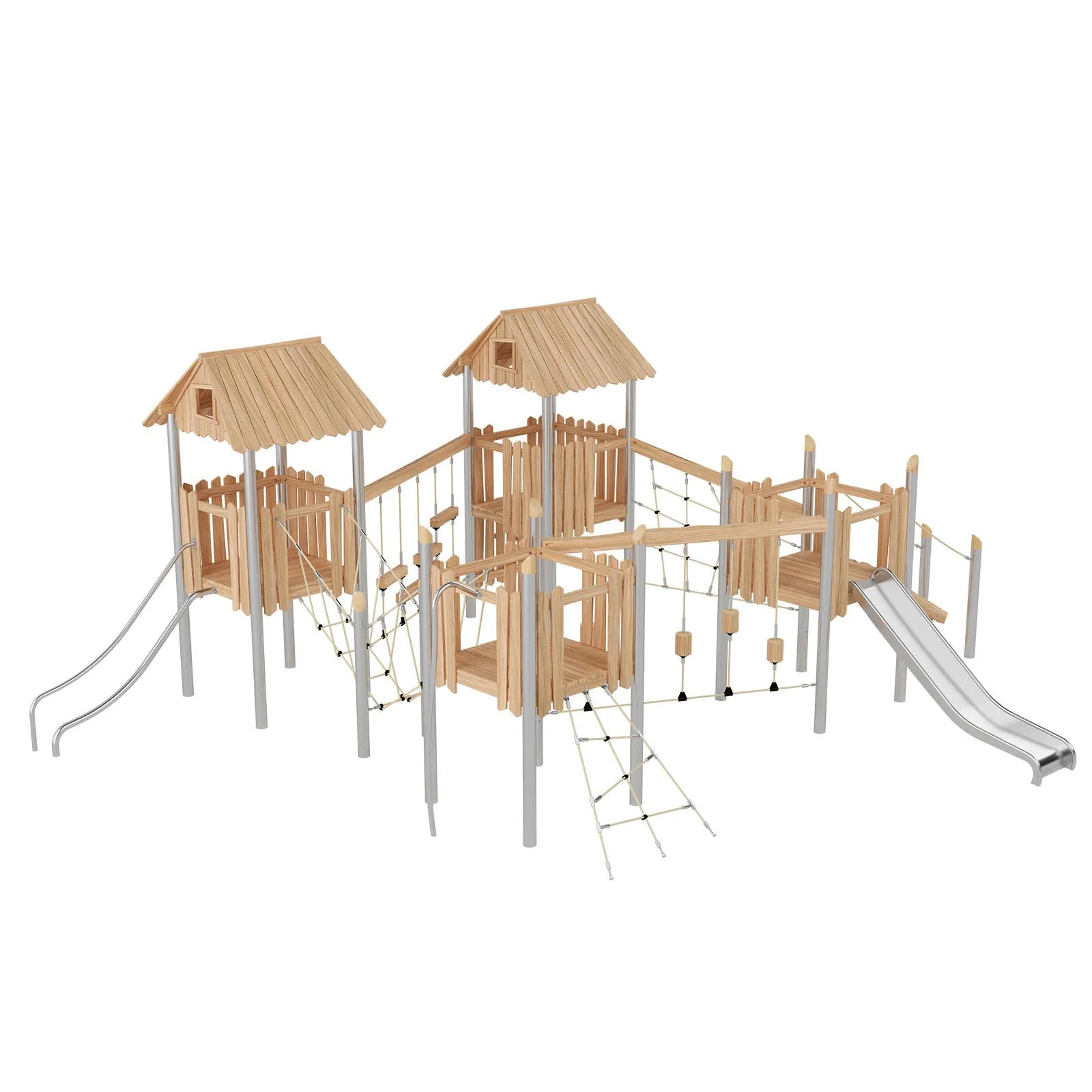 Robinio 401 playground structure for public areas, ages 3–14, supports large group play with slides, rope elements and roofed platforms, EN 1176 compliant.