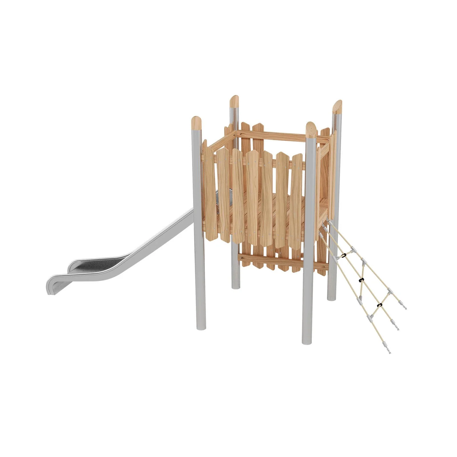 Robinio 101 playground structure for public spaces, ages 3–14, combines climbing and stainless steel slide, compact design, durable materials, EN 1176 compliant.