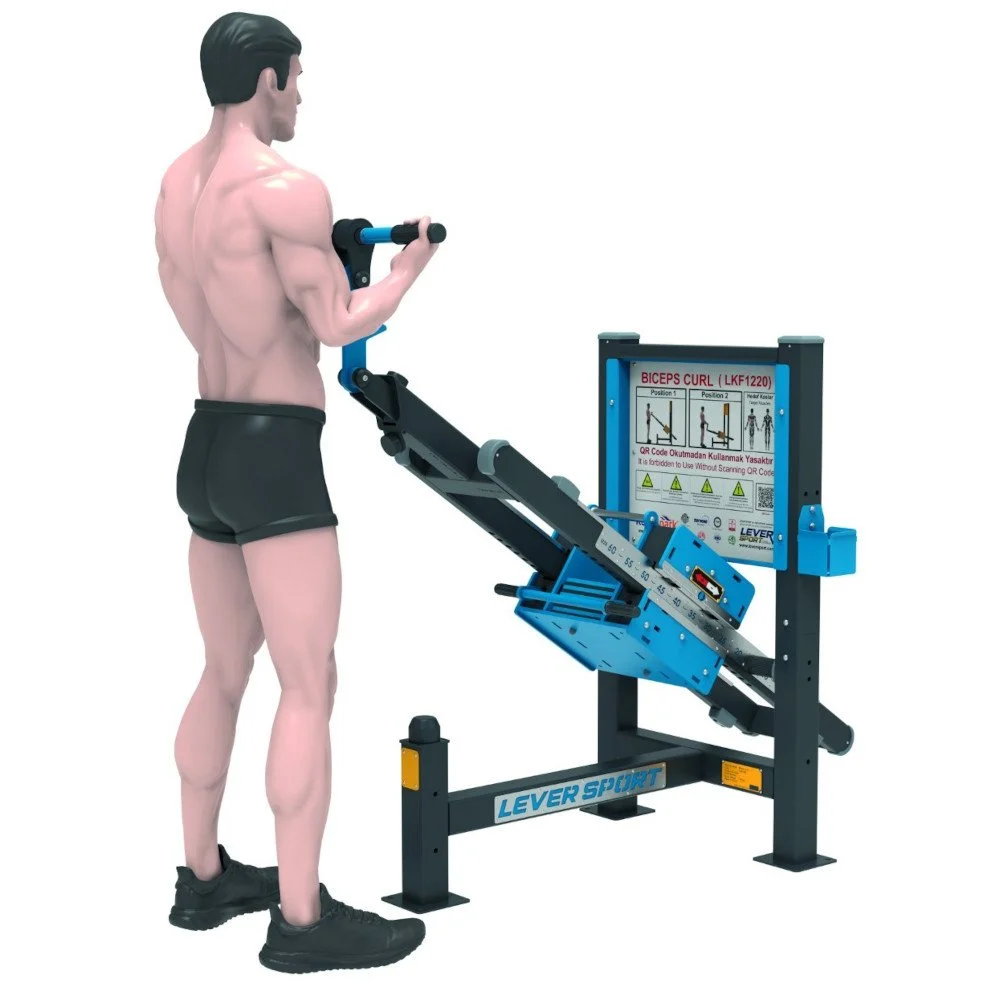 Athlete performing outdoor biceps curl on adjustable-resistance machine — heavy-duty steel construction with Omnigym-level professional biomechanics for public gyms.