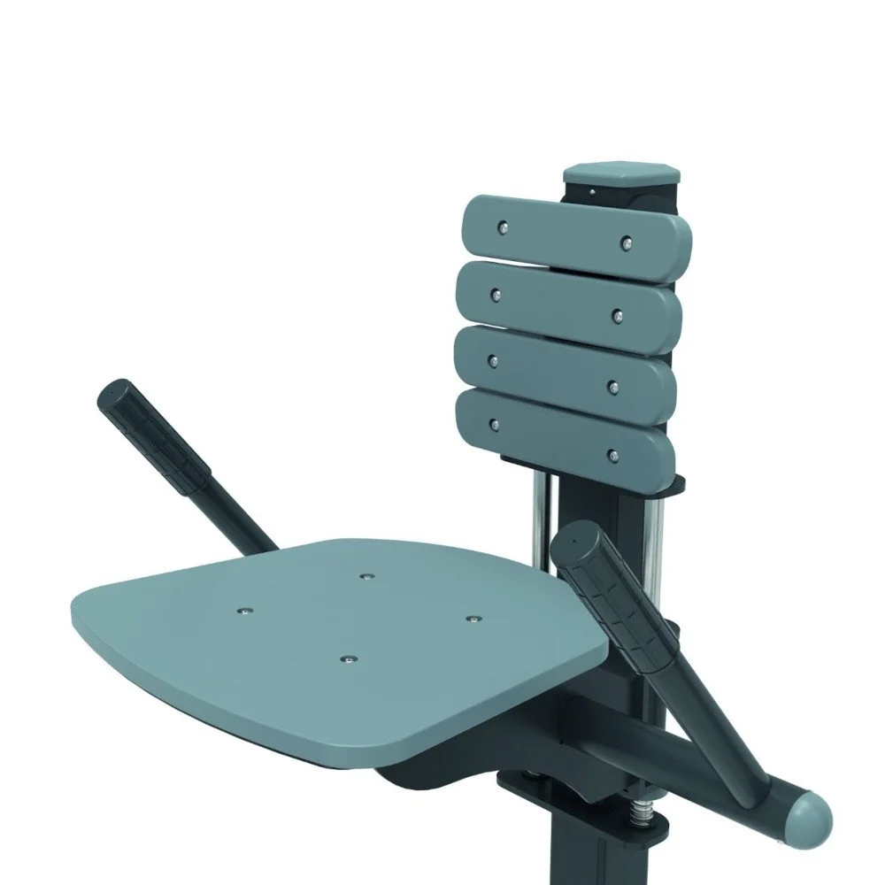 Close-up of ergonomic outdoor back extension seat and back support — heavy-duty outdoor fitness design engineered for safe public use and comparable to Omnigym quality.