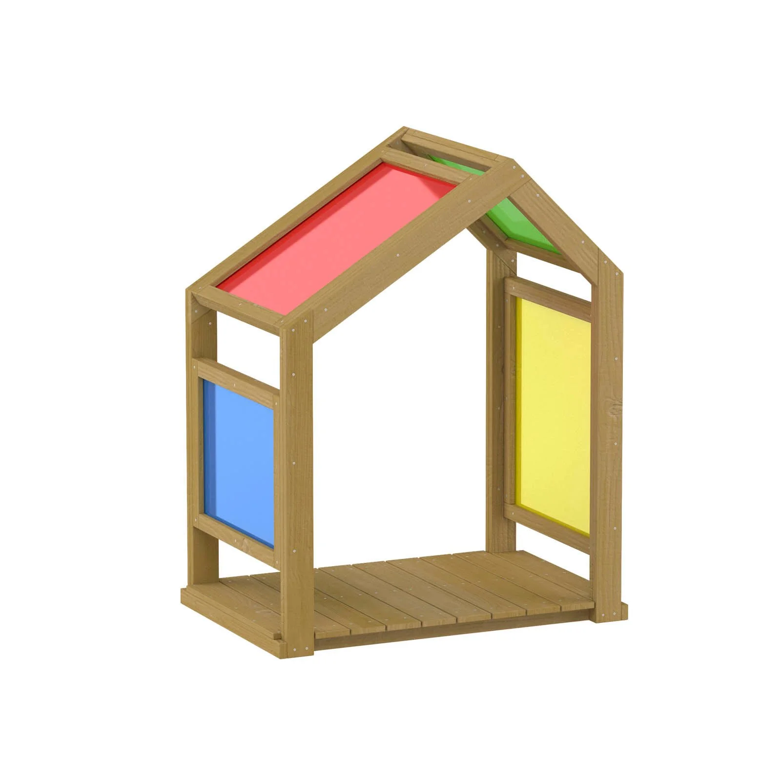 Natural wooden sensory playhouse with colorful acrylic panels, designed for children aged 1–7 to explore light, color, and imaginative play outdoors.