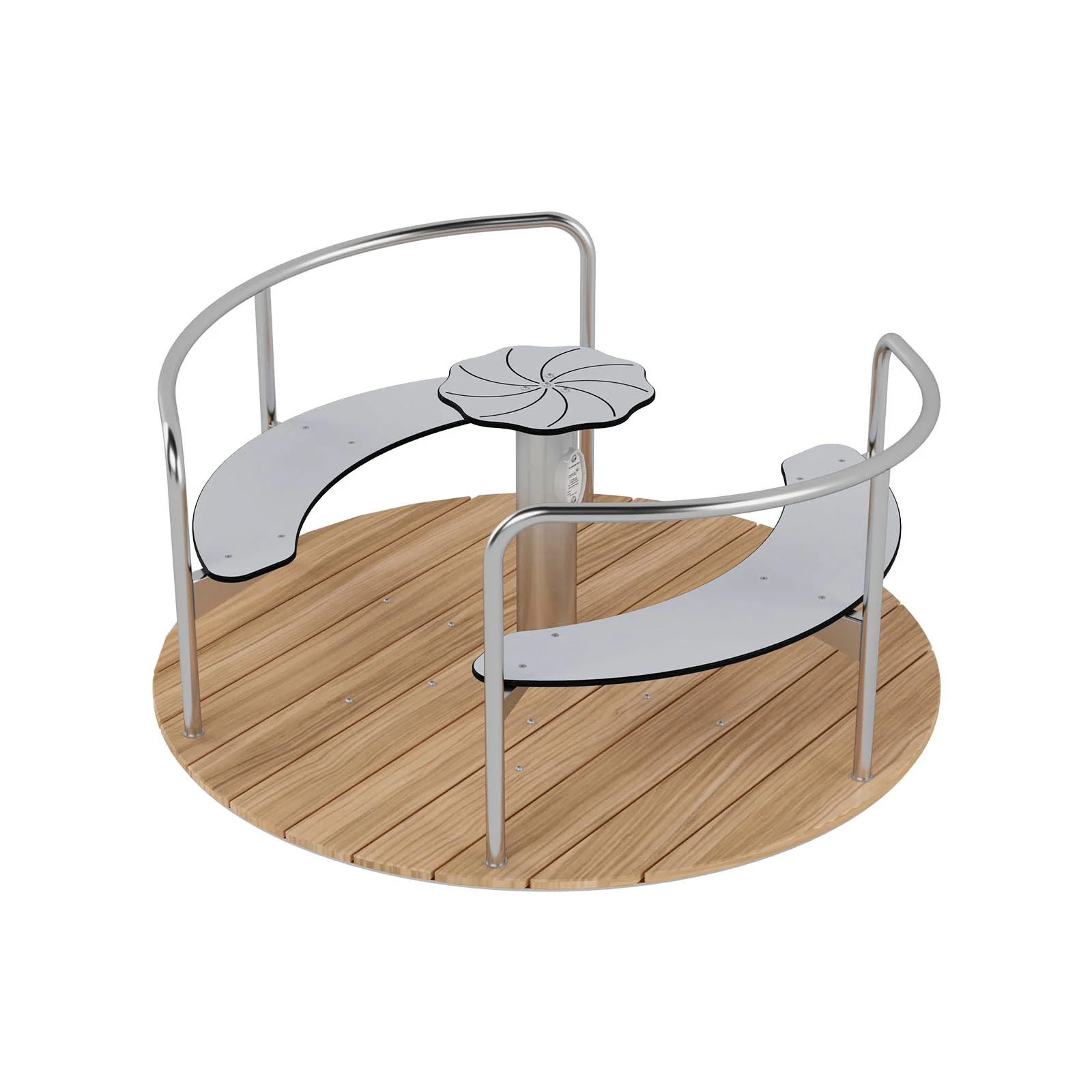 Wooden playground carousel with seating made of robinia acacia wood and stainless steel, designed for children aged 3–14 for shared play in public spaces.