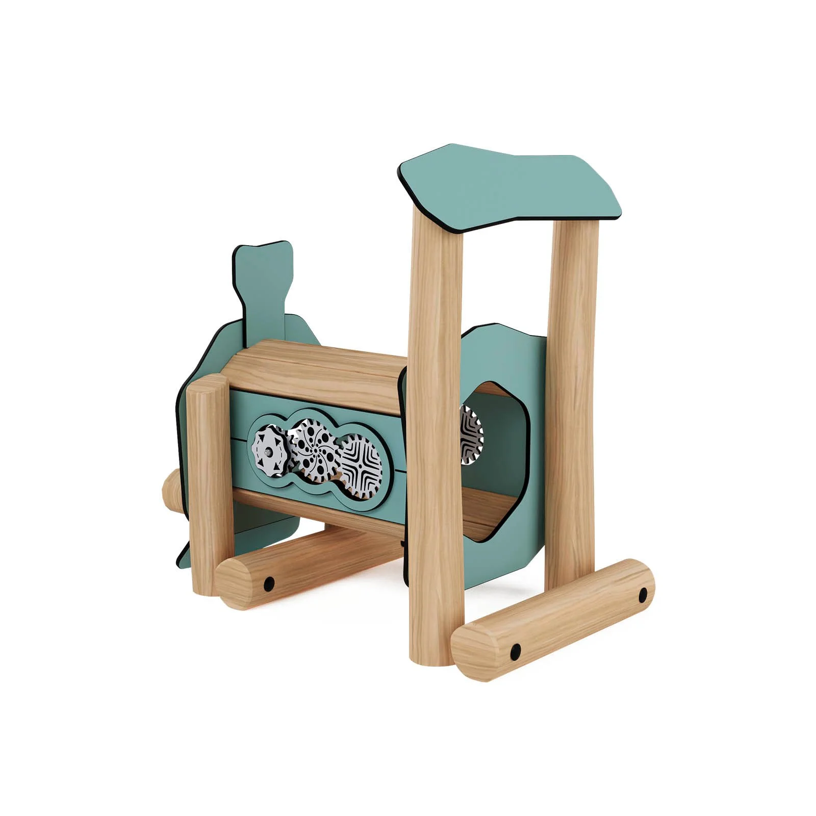 Robinio Locomotive playground structure for public spaces, ages 1–6, supports group role-play and imagination, compact wooden design