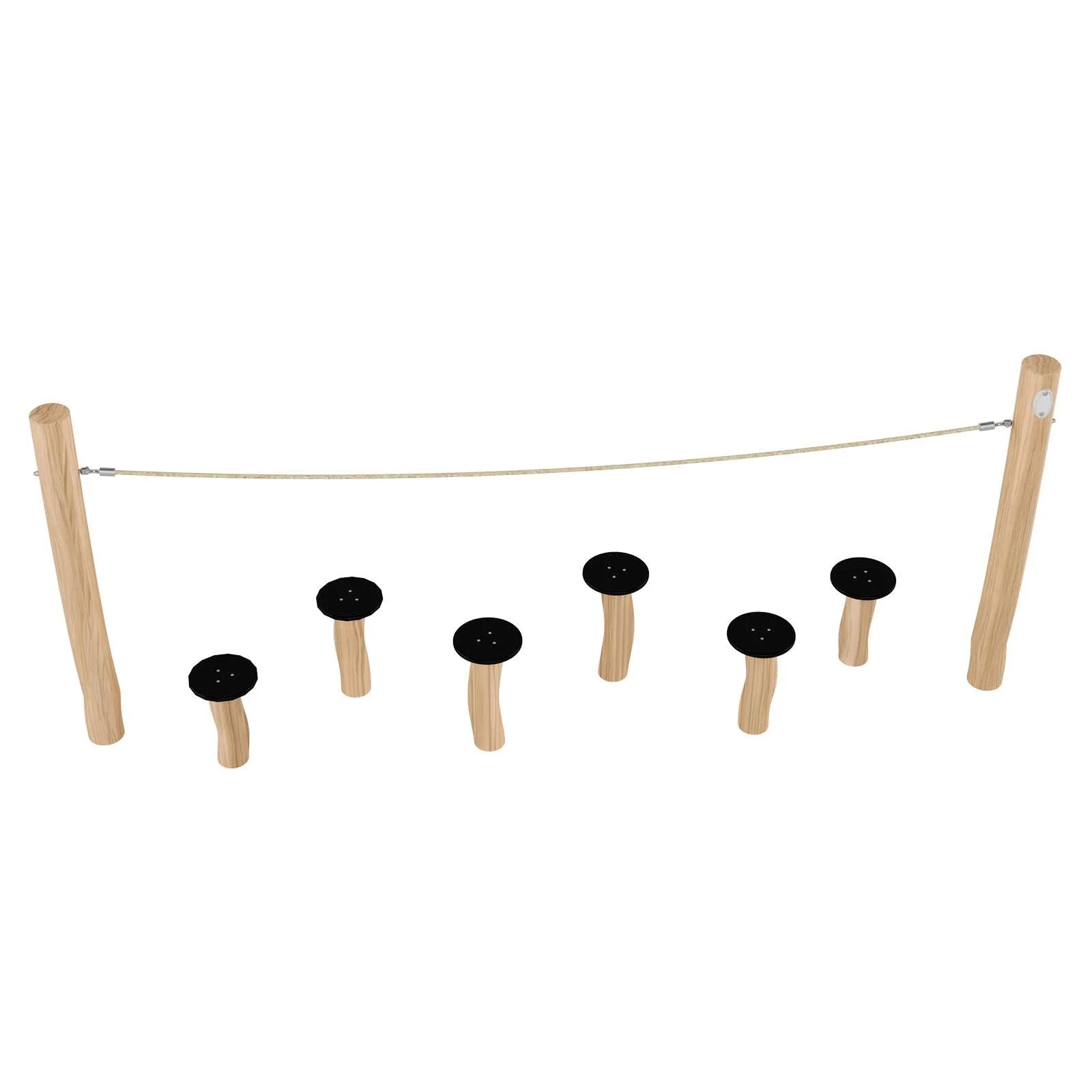 Robinio Stepping Mushrooms balance playground element for public spaces, ages 3–14, supports coordination and motor skills, low fall height, EN 1176 compliant.
