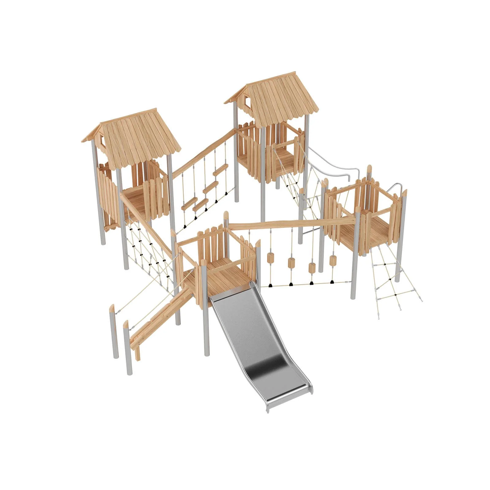 Robinio 403 playground structure for public areas, ages 3–14, with slides, rope elements and roofed platforms, designed for high-capacity play and EN 1176 compliance.
