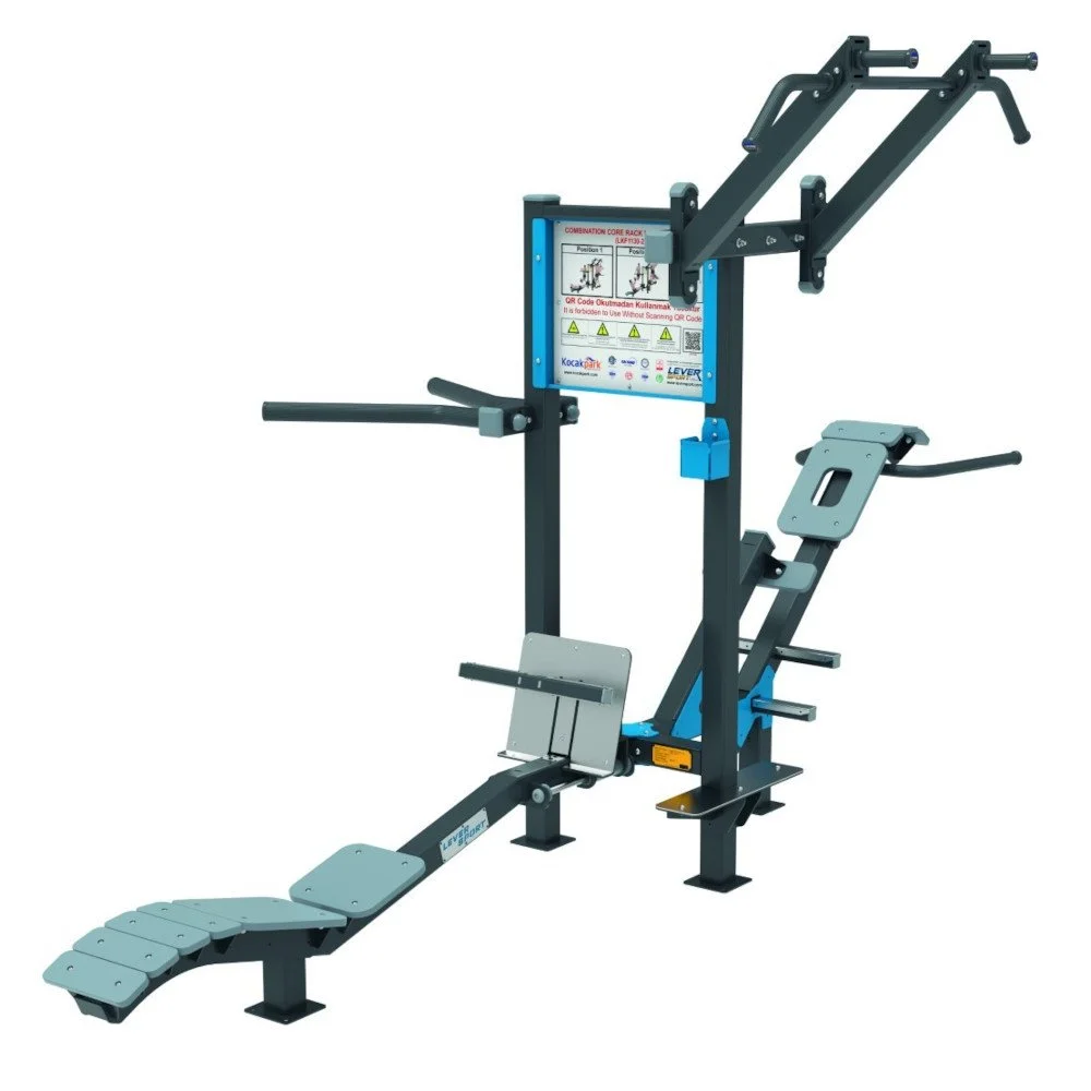 Target muscle diagram for outdoor Core Rack Dip and Chin Up station highlighting abdominal muscles, chest, shoulders, arms, and upper back engagement.