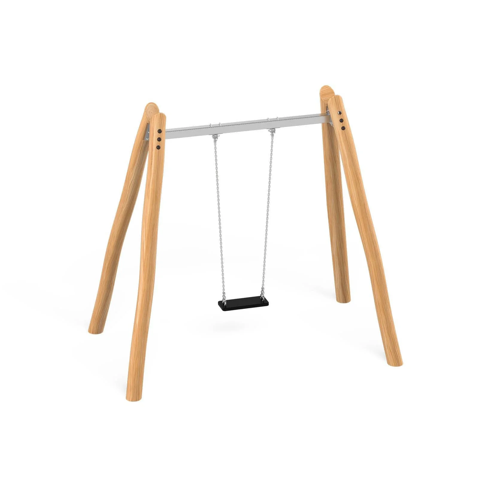 Single playground swing made of robinia acacia wood and stainless steel, designed for children aged 3–14 for public outdoor playground use.