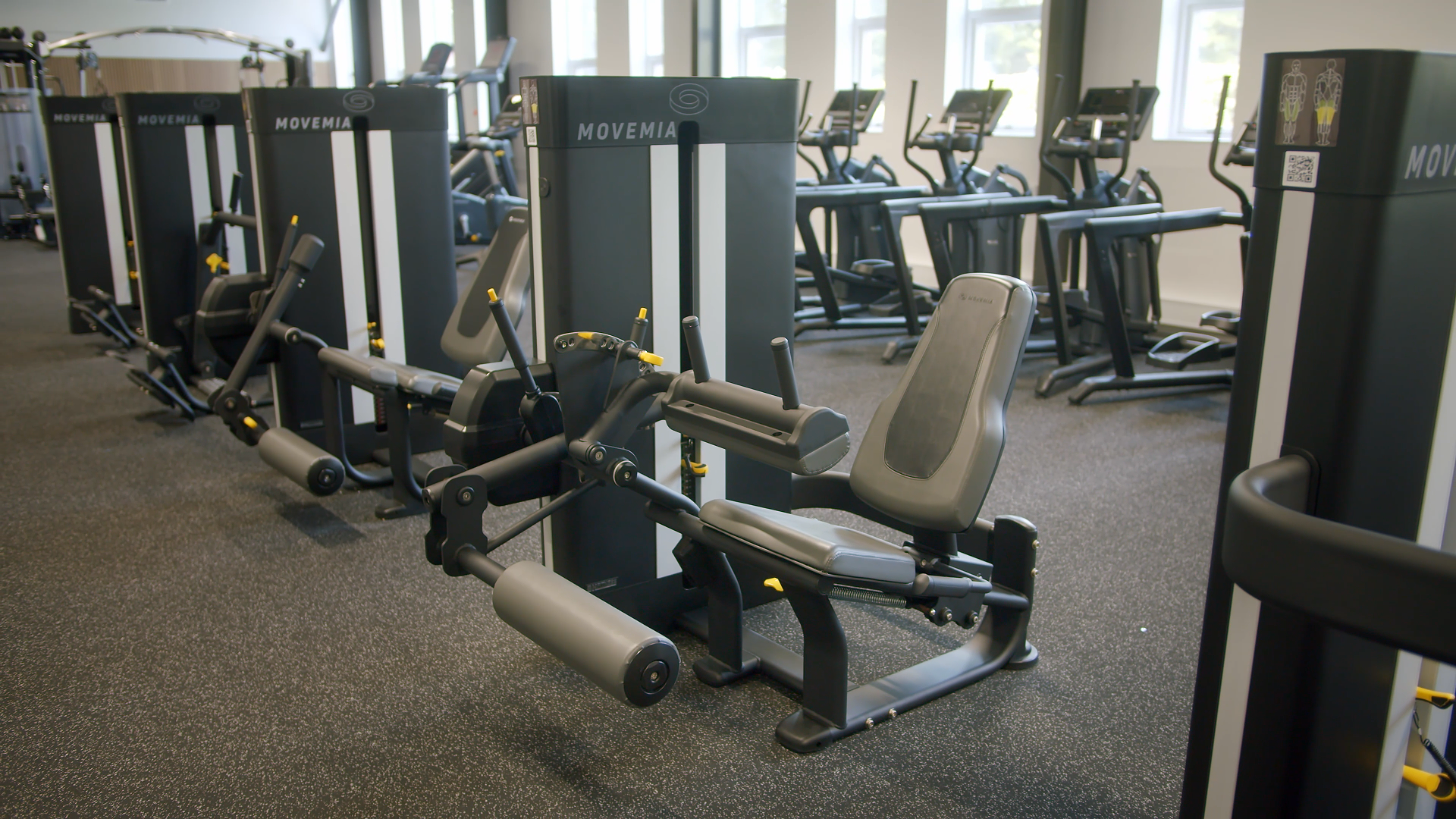 Empty gym with various exercise equipment, including stationary bikes, weight machines, and treadmills, in a well-lit room with large windows.