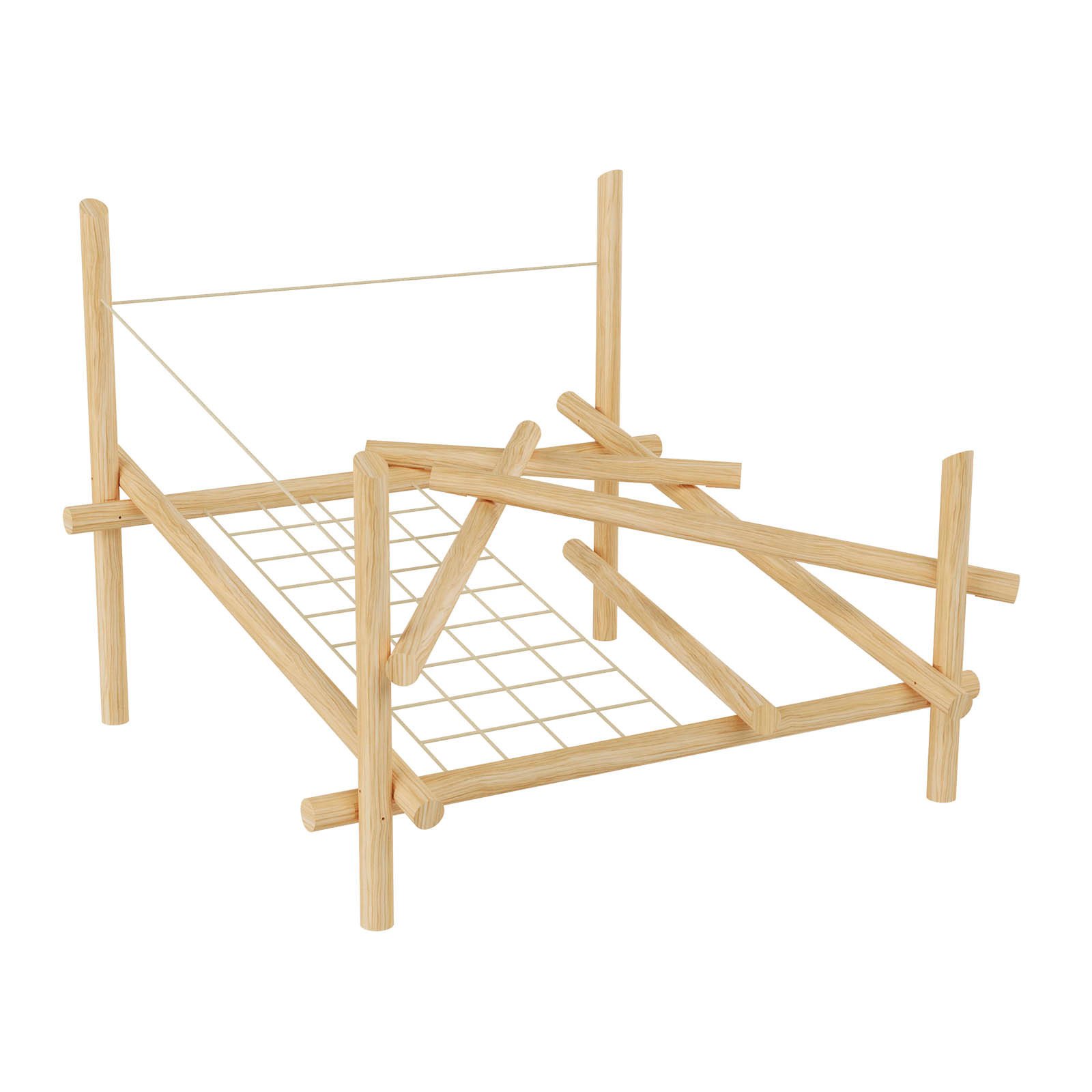Wooden playground climbing structure made of robinia acacia wood and steel-core ropes, designed for children aged 3–14 for active group play in public spaces.
