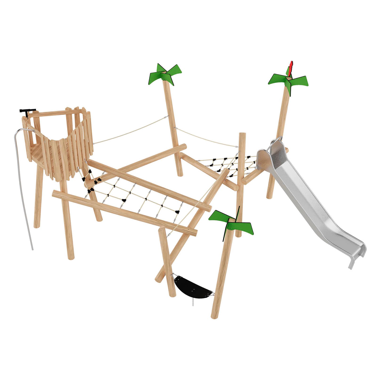 Wooden playground adventure set made of robinia acacia wood with slide and rope elements, designed for children aged 3–14 in public playgrounds.