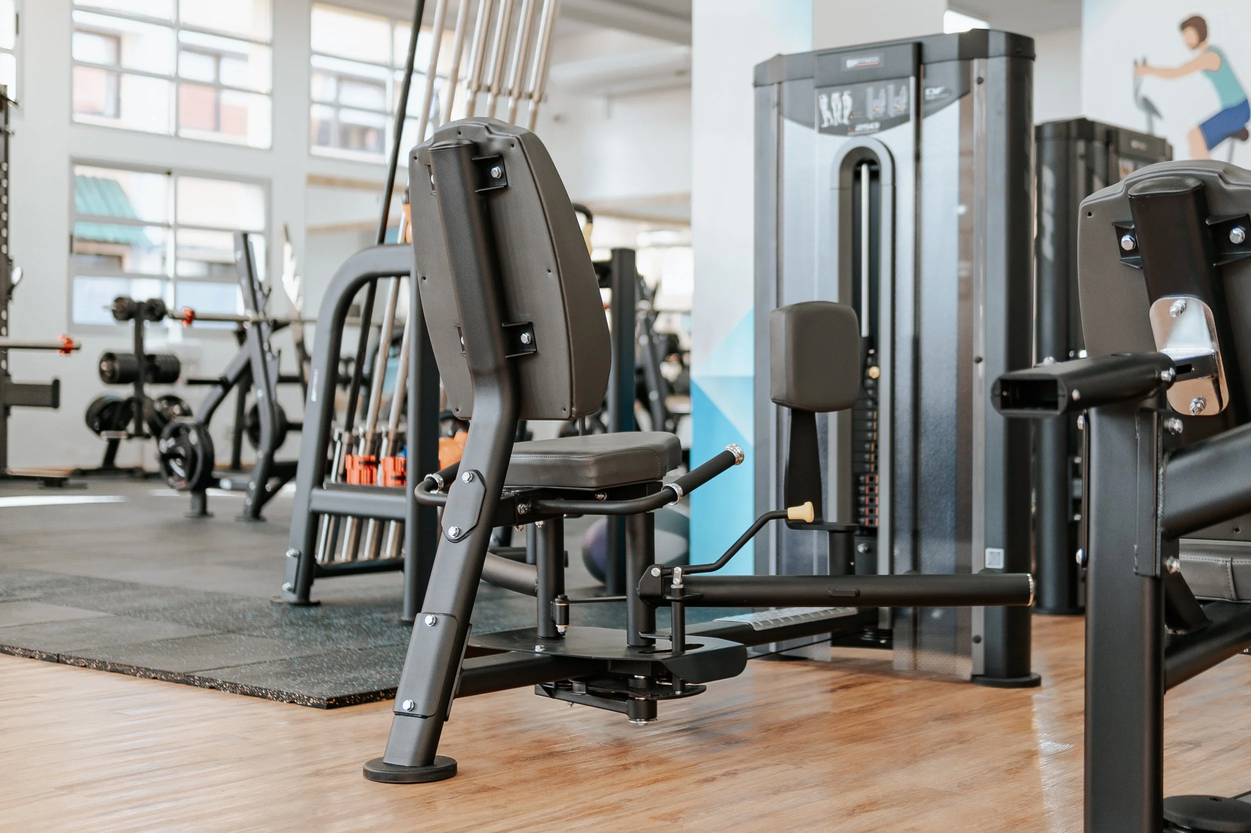 Gym workout equipment including a seated leg press, weight machines, and free weights in a bright workout space.