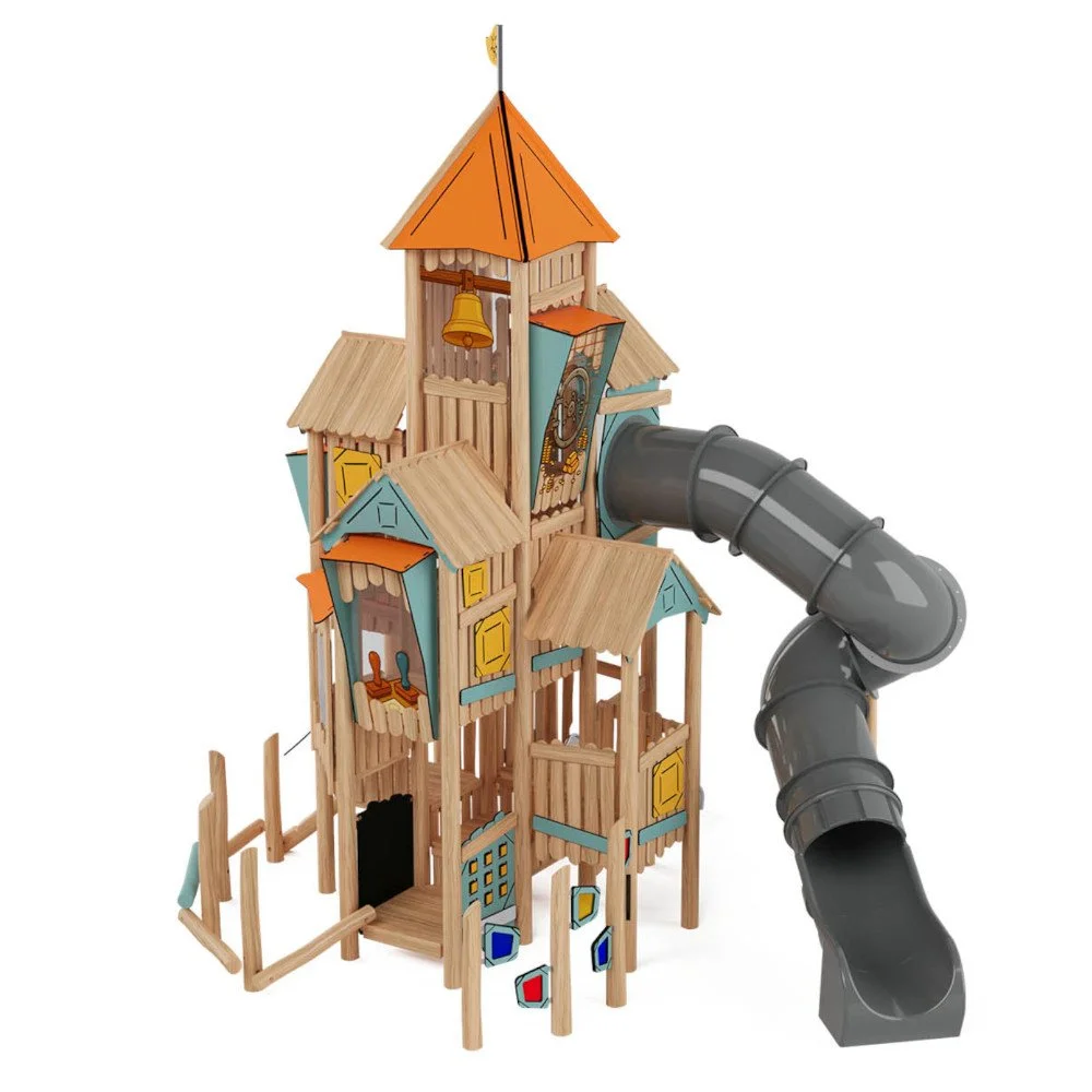Wooden Robinio Town Hall playground tower with spiral tube slide and multi-level platforms