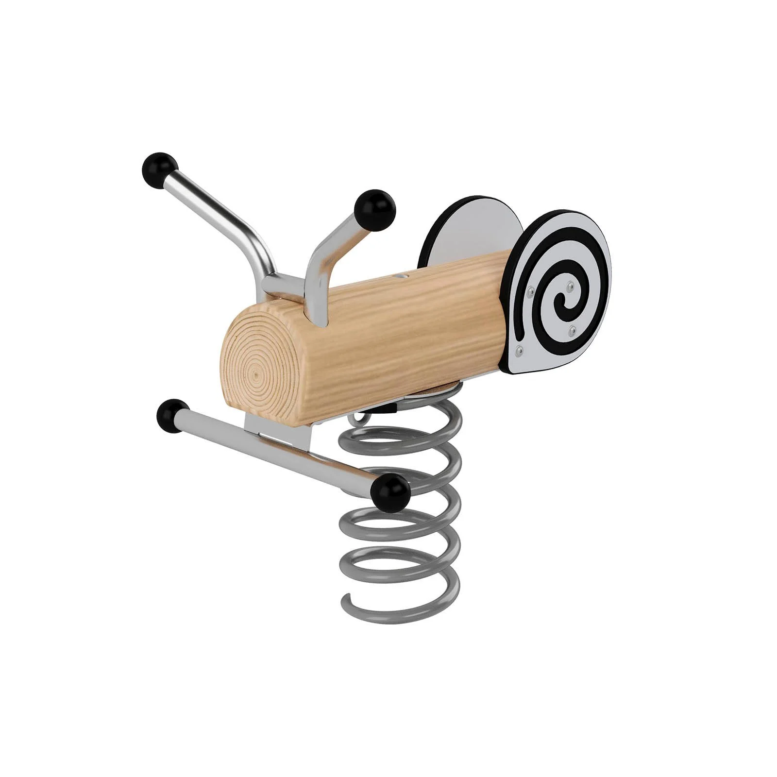 Robinio Snail spring rocker with metal base for children aged 1–12, designed for public playgrounds, supporting balance development and compliant with EN 1176.