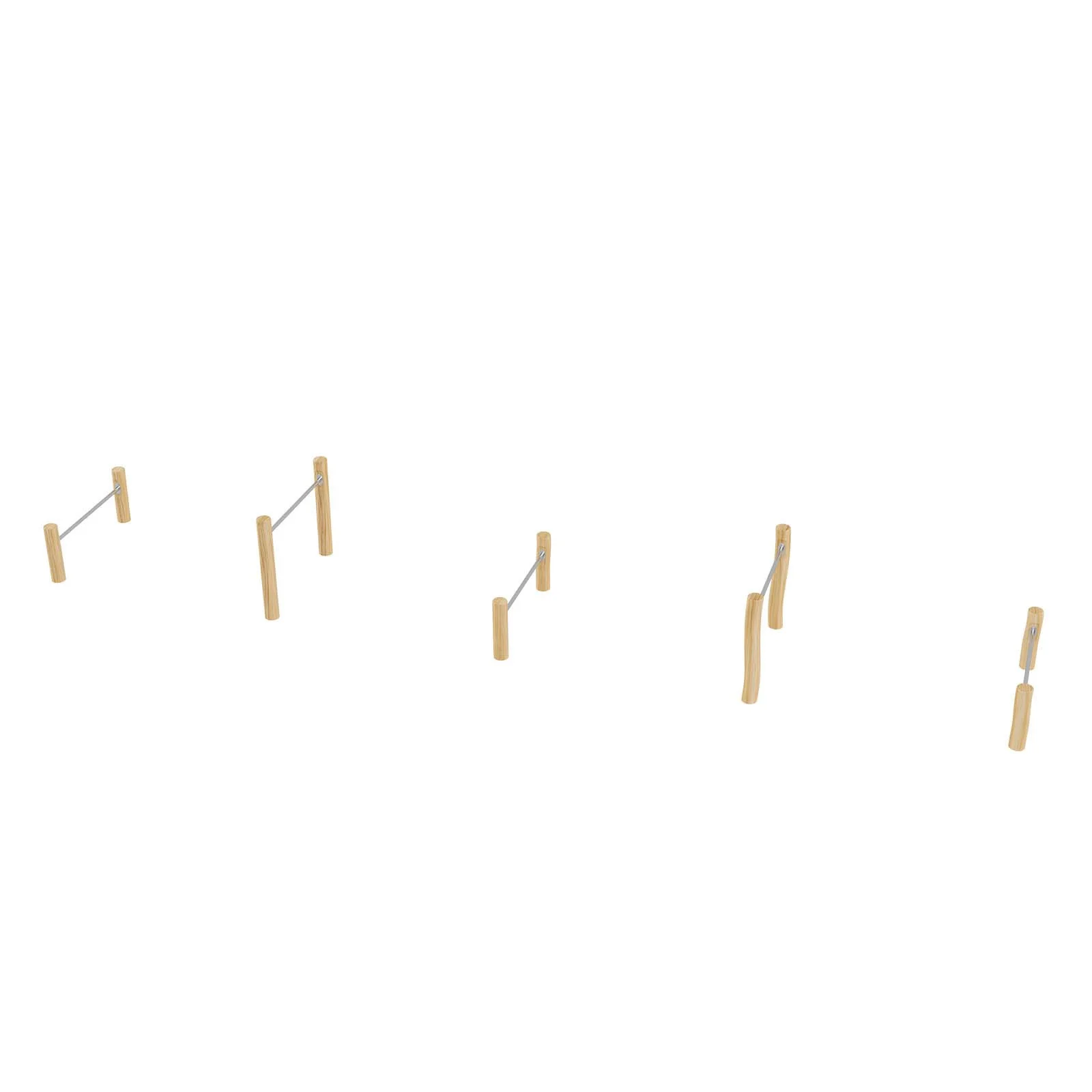 Robinio jumping bars made of robinia wood for children aged 3–14, designed for public playgrounds and fitness trails, supporting balance, coordination, and active play.