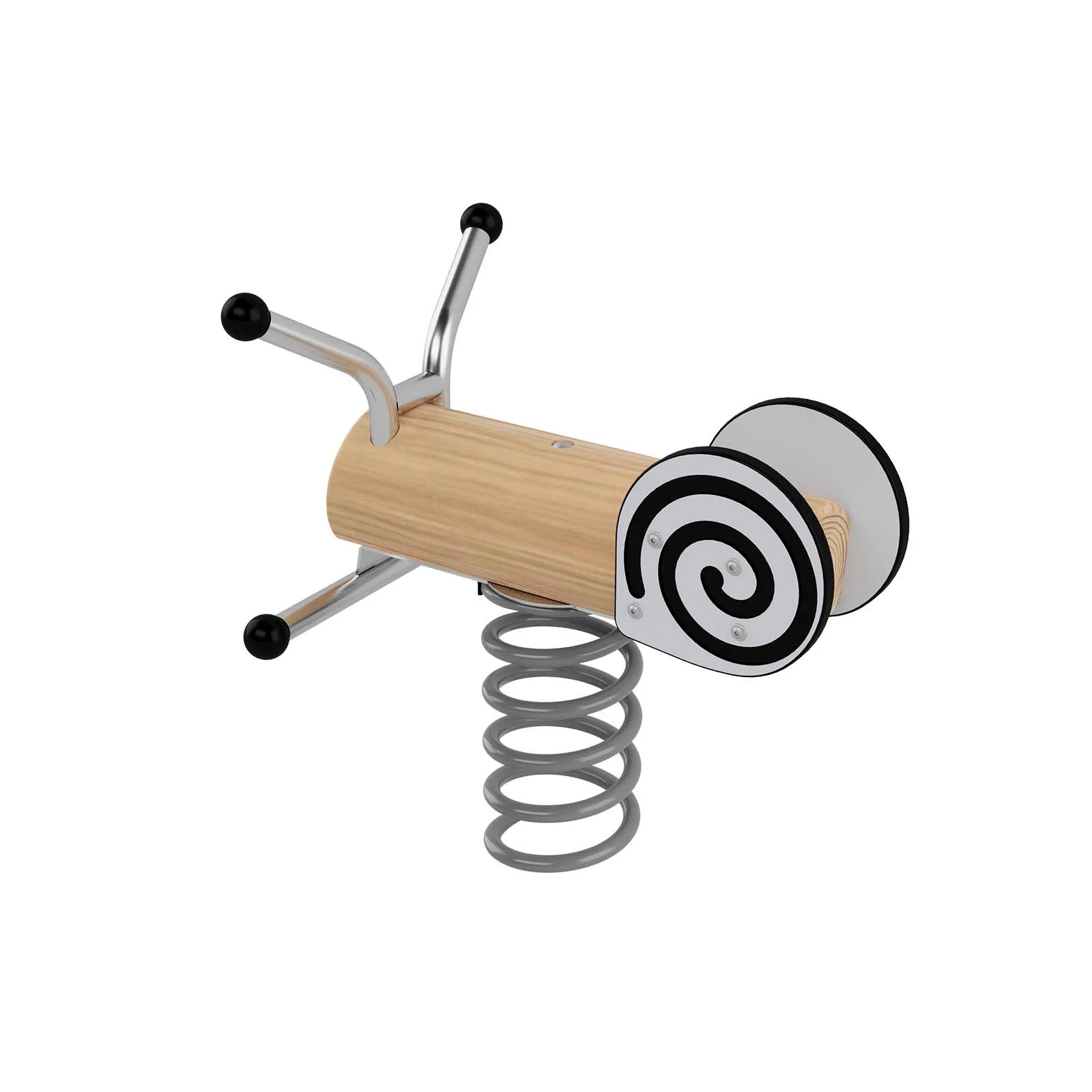 Robinio Snail spring rocker with metal base for children aged 1–12, designed for public playgrounds, supporting balance development and compliant with EN 1176.