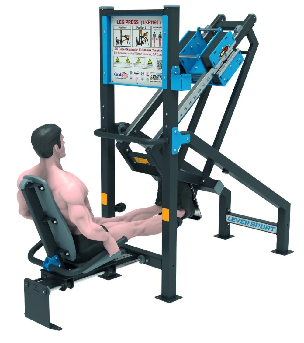 Outdoor Leg Press pushing phase with guided resistance blocks — safe lower-body strength training for public gyms and municipal projects.