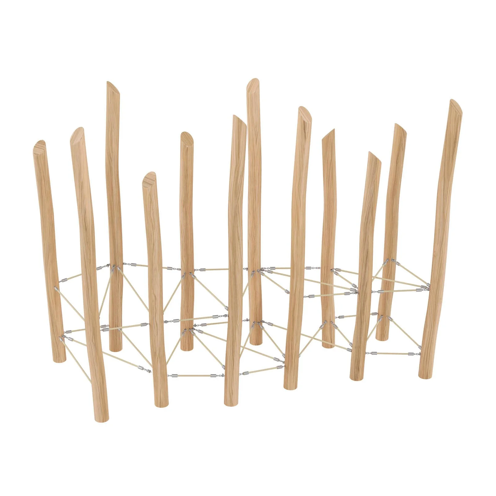 Wooden playground climbing net made of robinia acacia wood and steel-core ropes, designed for children aged 3–14 for active group play in public spaces.