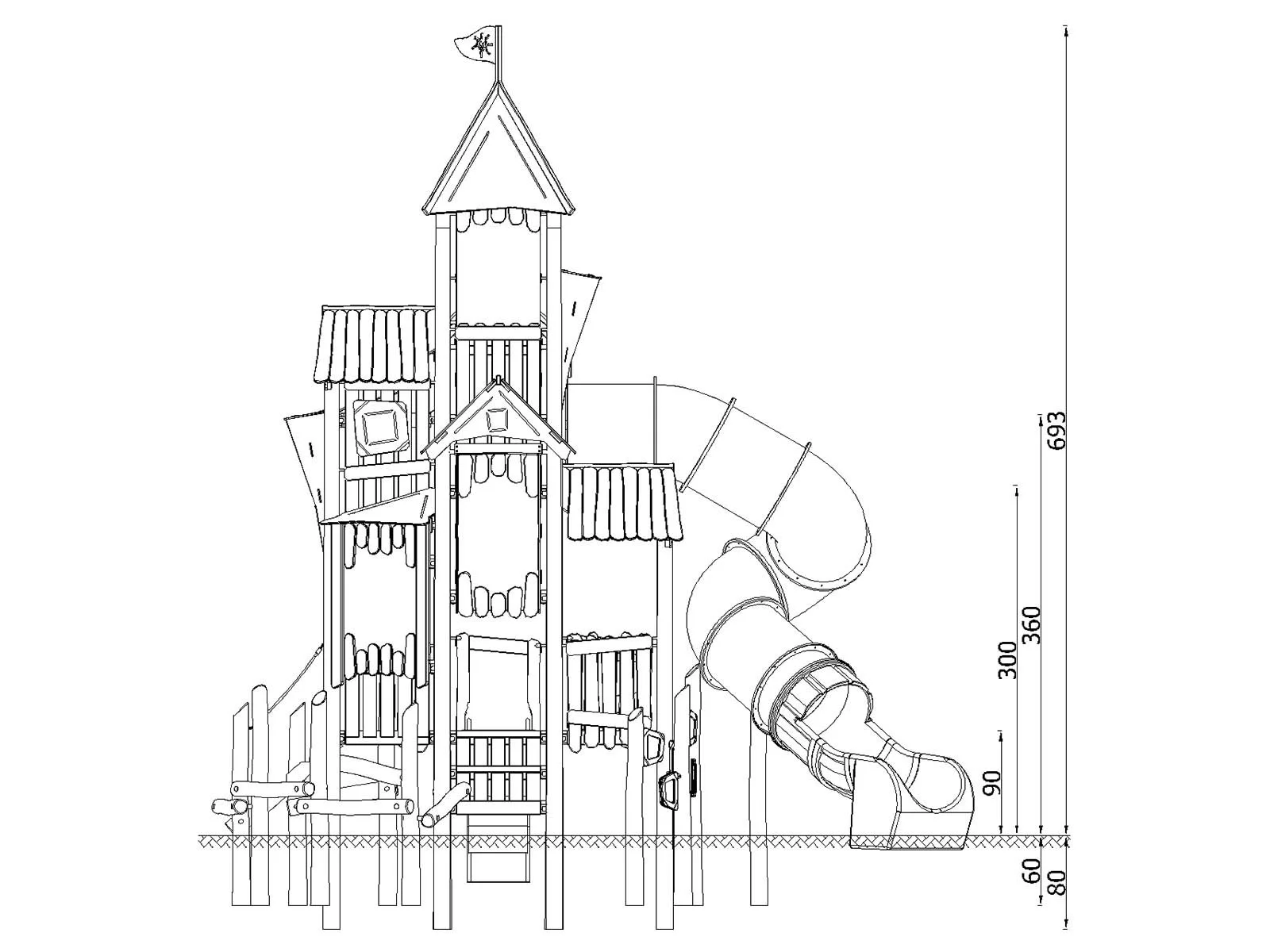 Playground layout drawing with dimensions and safety zone