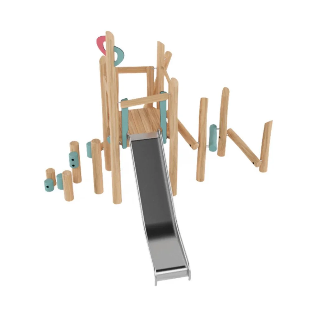 Robinio Set 2 playground structure for ages 3–14, suitable for public spaces, with multiple climbing entrances, stainless steel slide, robinia wood