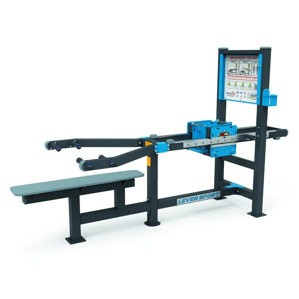 Professional outdoor bench press with adjustable resistance and heavy-duty steel frame — advanced outdoor strength machine built for safe public use, Omnigym-level quality.