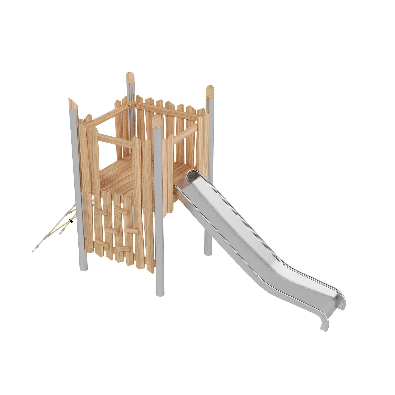 Robinio 101 playground structure for public spaces, ages 3–14, combines climbing and stainless steel slide, compact design, durable materials, EN 1176 compliant.