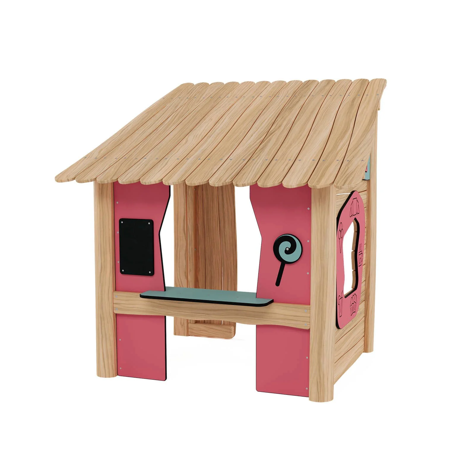 Robinio Candy Shop playground structure for public spaces, ages 1–6, supports role-play, creativity and social skills, compact wooden design