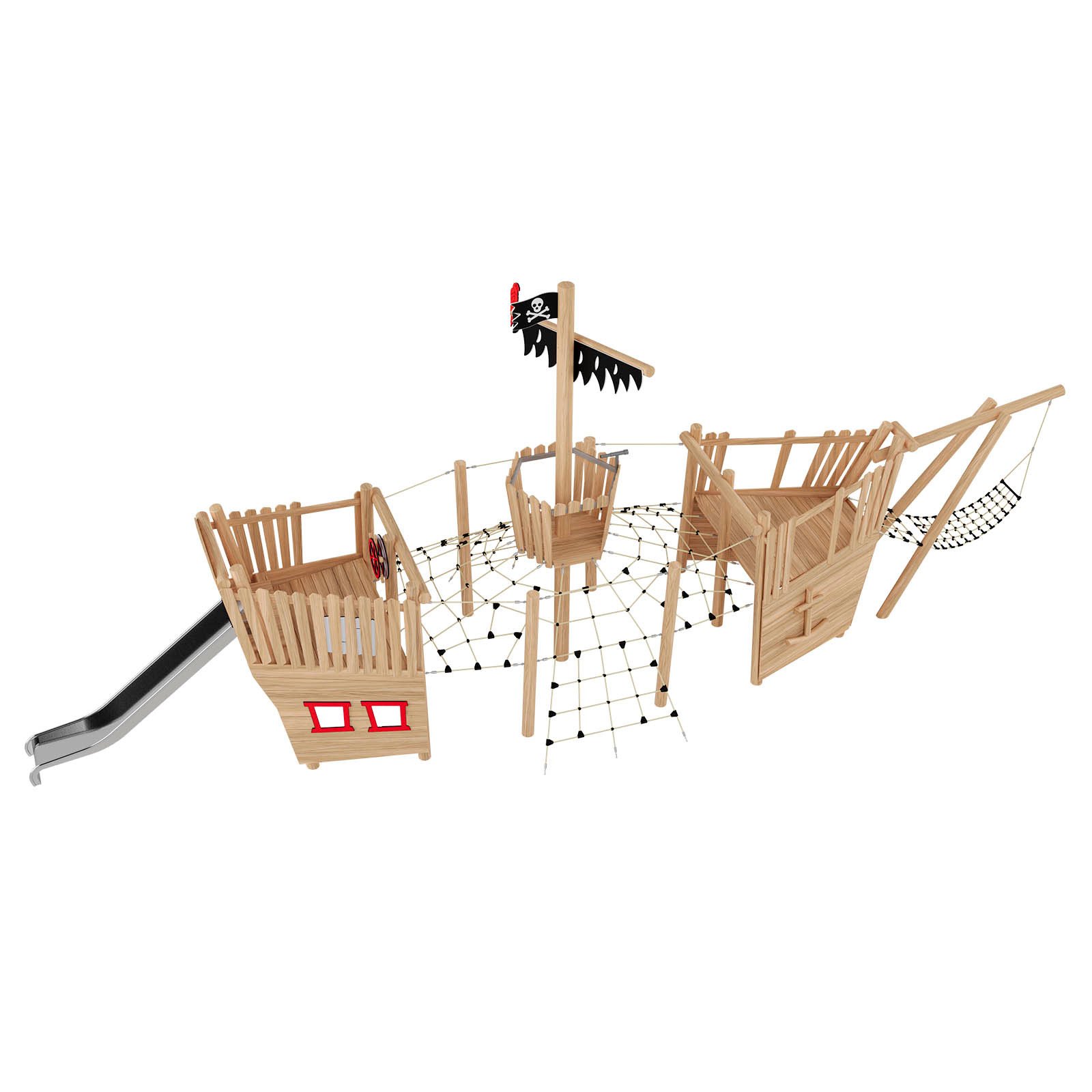 Pirate-themed Blackbeard’s Ship playground structure for public spaces, ages 3–14, up to 30 users, stainless steel and robinia wood construction