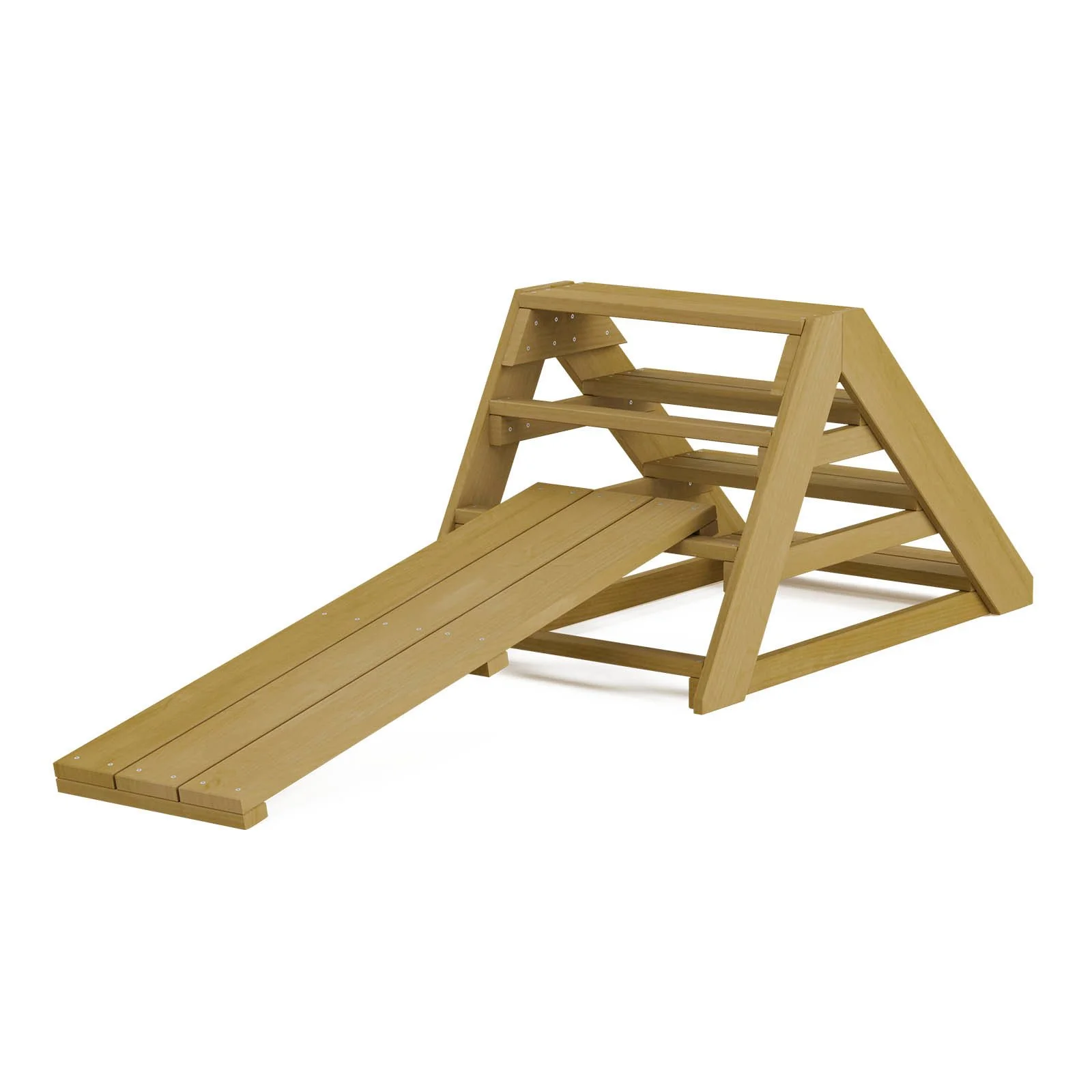 Natural wooden stairs with adjustable bridge made of impregnated pine wood, designed for children aged 1–7 to develop balance and coordination outdoors.