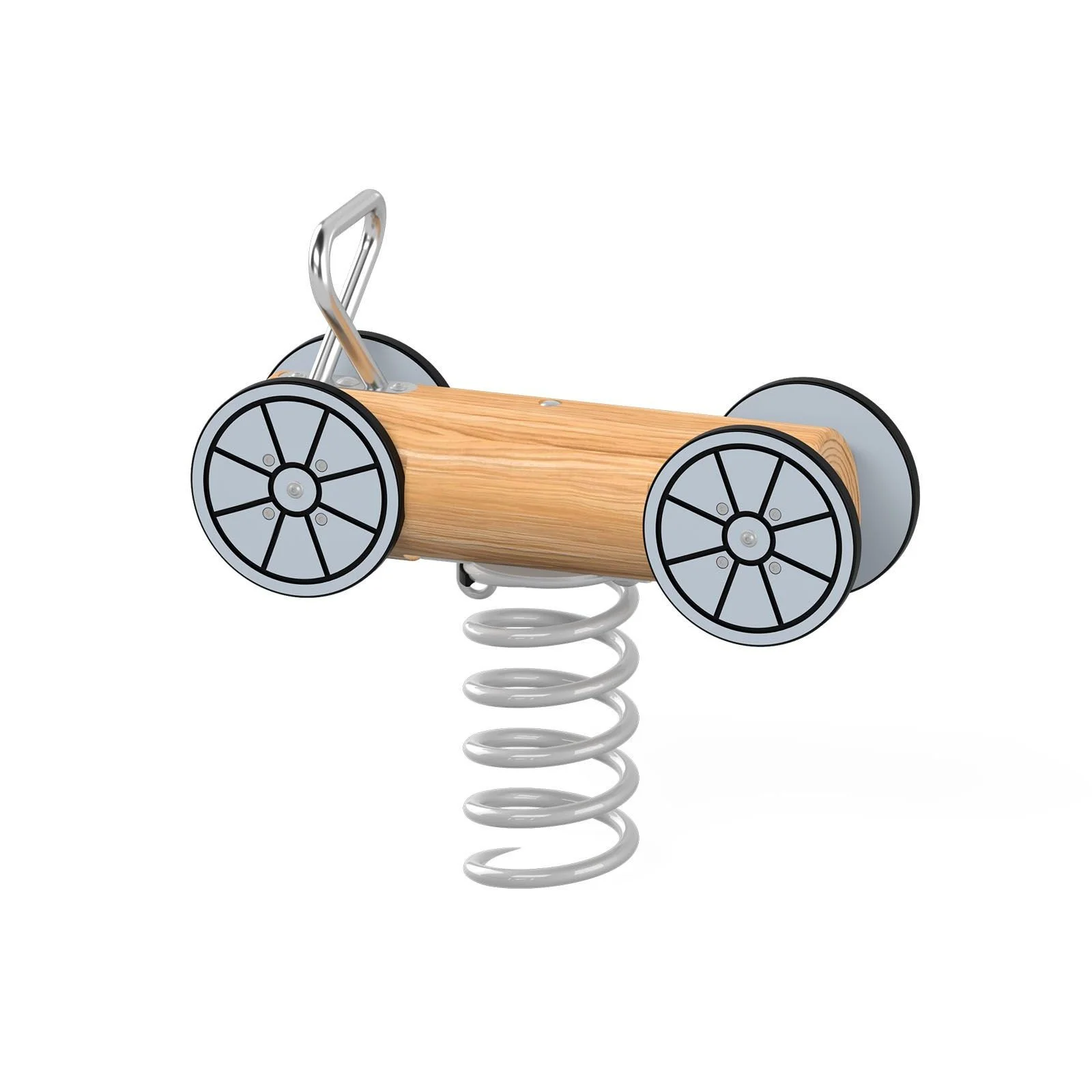 Robinio Auto spring rocker for children aged 1–12, designed for public playgrounds, supporting balance and coordination, durable materials, EN 1176 compliant.