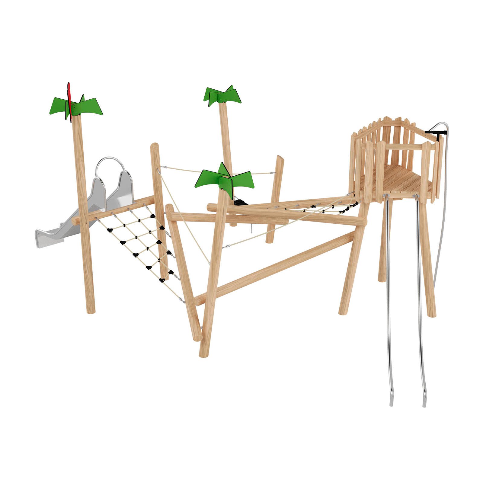 Wooden playground adventure set made of robinia acacia wood with slide and rope elements, designed for children aged 3–14 in public playgrounds.