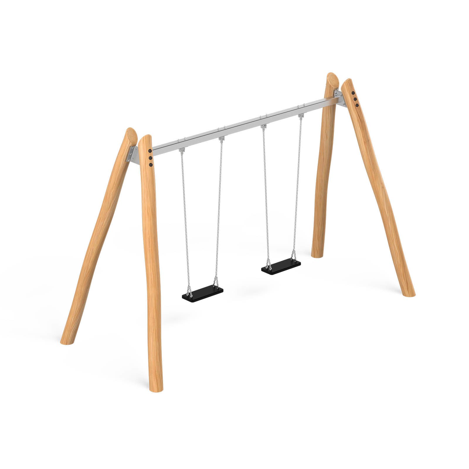 Wooden double playground swing frame made of robinia acacia wood and stainless steel, designed for children aged 3–14 in public outdoor playgrounds.