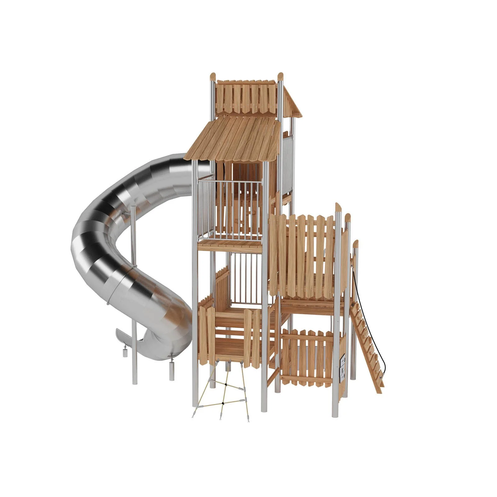 Large multi-level playground tower made of robinia acacia wood and stainless steel, designed for children aged 3–14 for active group play in public playgrounds.