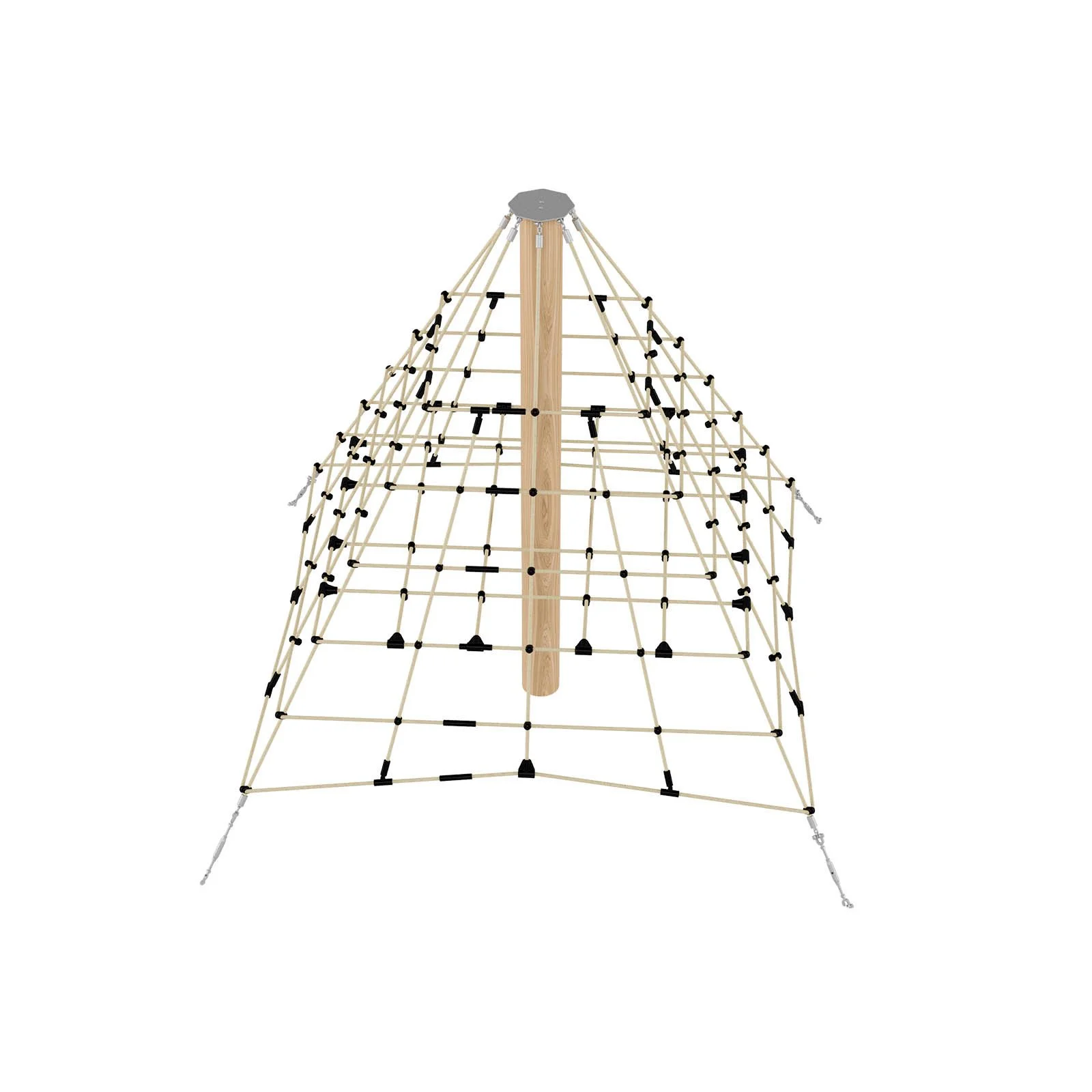 Robinio Small Rope Pyramid playground structure for public spaces, ages 3–14, supports climbing, strength and coordination, compact design, EN 1176 compliant.