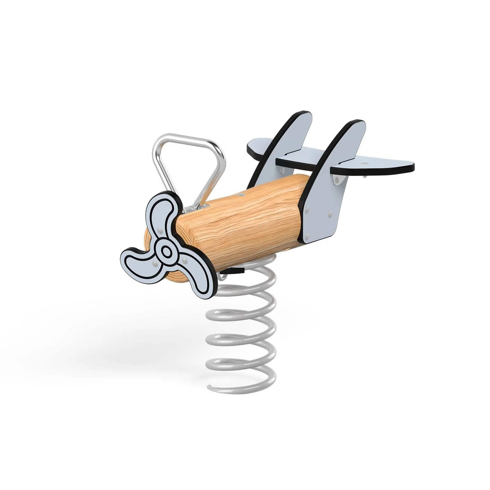 Robinio Plane spring rocker with metal base for children aged 1–12, designed for public playgrounds, supporting balance and coordination, EN 1176 compliant.