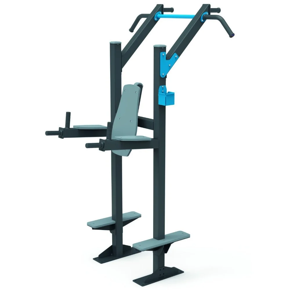 Outdoor leg raise and dip station with reinforced bars and ergonomic supports — professional outdoor strength equipment suitable for public gyms and real estate fitness areas.